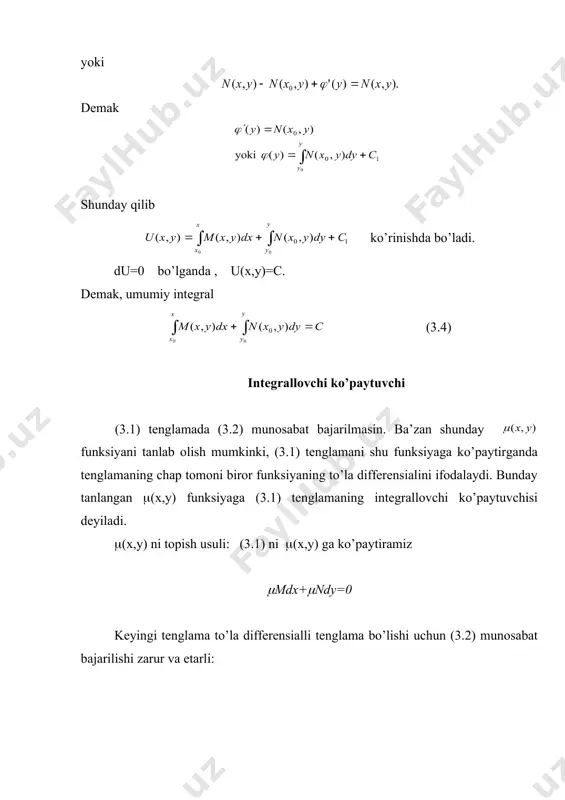 (i=1,2...) bu tenglamalarni integrallab, (3.6) tenglama yechimlarini hosil qilamiz. lekin (3.6) tenglamani har doim ga nisbatan oson yechilmaydi va ga nisbatan tenglamalar sodda integrallanmasligi mumkin. shuning uchun (3.6) tenglamani boshqa usullarda integrallash qulay bo’ladi. quyidagi hollarni qaraymiz. 1. f( )=0, bunda hech bo’lmaganda tenglamaning bitta =ki yechimi mavjud bo’lsin. tenglama x va y o’zgaruvchilarga bog’liq bo’lmaganligi sababli, ki=const. y’=ki ni integrallab y=kix+c yoki ki=(y-c)/x. ki berilgan tenglama yechimi ekanligidan f((y-c)/x)=0 qaralayotgan tenglama yechimi bo’ladi. misol ( )7 - ( )5+ +3=0 tenglama integrali ((y-c)/x)7-((y-c)/x)5+(y-c)/x+3=0 2. (3.6) tenglama quyidagi ko’rinishda bo’lsin. f(x, )=0 (3.7) agar tenglamani y’ ga nisbatan yechish qiyin bo’lsa, u holda t parametr kiritish bilan (3.7) ikkita tenglamaga keltiriladi: x=((t) va =((t) dy= dx ekanligidan, dy =((t) (’(t)dt, bundan demak, (3.7) tenglama yechimlari parametrik holda quyidagi ko’rinishda bo’ladi x=((t) agar (3.7) x ga nisbatan yechilsa, ya’ni x=(( ), u holda deyarli har doim =t deb parametr kiritish qulay. …