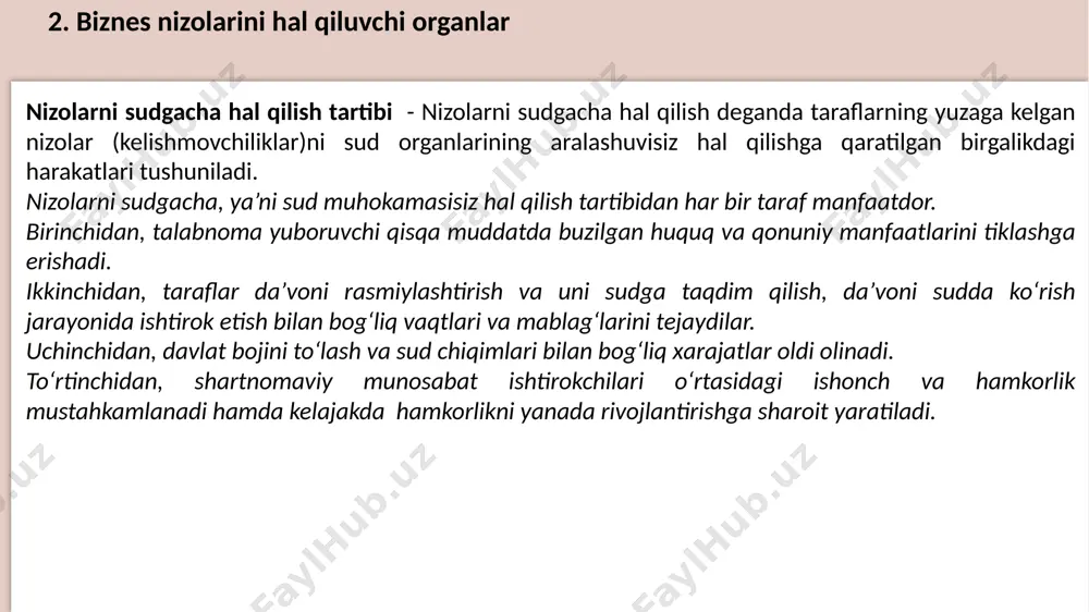 an tadbirkorlik sub’ektlari o‘rtasida vujudga keluvchi iqtisodiy nizolarni hal etuvchi nodavlat organ. hakamlik sudlari turlari: doimiy faoliyat ko‘rsatuvchi hakamlik sudi yuridik shaxs tomonidan tashkil etilishi mumkin va uning huzurida faoliyat ko‘rsatadi. muvaqqat hakamlik sudi hakamlik bitimi taraflari o‘rtasida kelib chiqqan muayyan nizoni hal etish uchun ular tomonidan tashkil etilib, nizo ko‘rib chiqilganidan keyin muvaqqat hakamlik sudi o‘z faoliyatini tugatadi. ikkala holatda ham hakamlik sudi tashkil etilganligi to’g’risidagi xabarnoma / tegishli hujjat nusxalari adliya organlariga yuboriladi. hakamlik sudi tomonidan hal etiladigan nizolar: hakamlik sudlari fuqarolik huquqiy munosabatlaridan kelib chiquvchi nizolarni, shu jumladan tadbirkorlik sub’ektlari o‘rtasida vujudga keluvchi iqtisodiy nizolarni hal etadi. hakamlik sudlari ma’muriy, oila va mehnat huquqiy munosabatlaridan kelib chiquvchi nizolarni, shuningdek qonunda nazarda tutilgan boshqa nizolarni hal etmaydi. doimiy muvaqqat 2. biznes nizolarini hal qiluvchi organlar mediatsiya - nizoni taraflar o‘zaro ixtiyoriy kelishib, mediator yordamida hal qilish usuli. etimologiya - from late latin mediātiō (perhaps via middle french mediation/mediacion) …