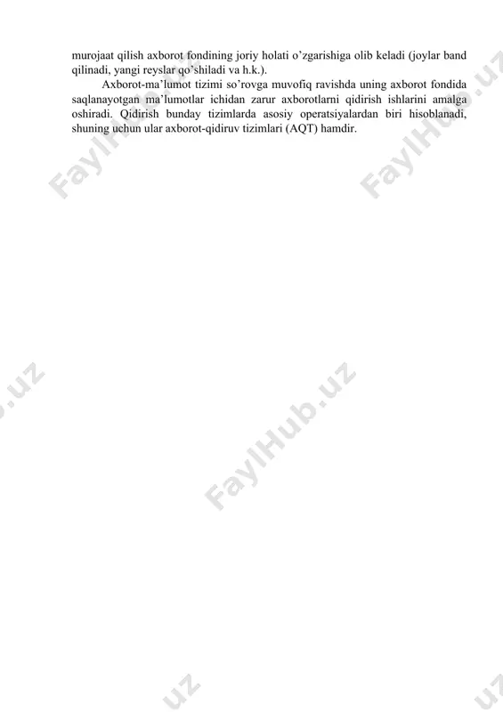 larni boshqarishning avtomatlashgan tizimlarida foydalaniladi. avtomatlashgan tizimlarning «sheriklari» robotlar, dastur vositasida boshqariladigan stanoklar, texnologik jarayonlar, ishlab chiqarish ob’ektlari va boshqalar hisoblanadi. bunday tizimlarda kiritiladigan axborot signallar yoki biror-bir fizik kattaliklar shaklida taqdim etiladi, chiqadigan axborotdan esa boshqarish va sozlash uchun foydalaniladi. hozirgi vaqtda turli maqsadlarga mo’ljallangan ko’plab axborot-ma’lumot tizimlari muvaffaqiyatli ishlab turibdi, ular foydalanuvchilarning axborot so’rovlarini qondirish uchun yo’naltirilgan. bunday tizimlarning o’ziga xos xususiyati shundaki, ularda so’rovga muvofiq ravishda topilgan axborotdan aynan shu tizimning doirasida bevosita foydalanilmaydi, balki foydalanuvchiga beriladi, u olingan axborotdan o’ziga zarur istalgan maqsadlarda foydalanadi. aeroflot va temir yo’l transportida joylarni oldindan band qilishning avtomatlashtirilgan tizimi ana shunday axborot ma’lumot tizimi uchun misol bo’lib xizmat qiladi. bu tizimlar operativ tizimlarning tipik misoli ham bo’la oladi, chunki tizimga deyarli har bir murojaat qilish axborot fondining joriy holati o’zgarishiga olib keladi (joylar band qilinadi, yangi reyslar qo’shiladi va h.k.). axborot-ma’lumot tizimi so’rovga muvofiq ravishda uning axborot fondida saqlanayotgan ma’lumotlar …