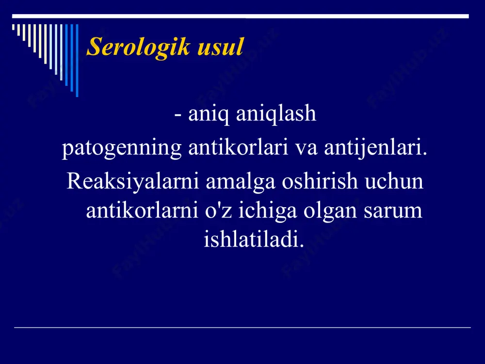 uchun taniqli immun diagnostika testlari talab qilinadi. sarum ular hayvonlarga (odatda quyonlarga) o'ldirilgan yoki tirik mikroorganizmlar, ularning parchalanish mahsulotlari, neytrallangan yoki mahalliy toksinlar dozasini oshirib yuborish orqali olinadi. adsorbsiyalanmagan va adsorbsiyalanganlar qo'llaniladi diagnostik sarum . adsorbsiyalanmagan sarumlar yuqori antikor titrlariga ega, lekin guruh (oʻzaro) reaksiyalar berishga qodir. adsorbsiyalangan sarumlar ta'sirning qat'iy o'ziga xosligi bilan tavsiflanadi (ular faqat gomologik antigen bilan reaksiyaga kirishadi). serodiagnostika serologik reaktsiyalarda antijen ( diagnostik ) sifatida tirik yoki o'ldirilgan bakteriyalar suspenziyalari, ularning parchalanish mahsulotlari, toksinlar va viruslar qo'llaniladi. bosqichlar: xos - antikorlarning faol markazlari (paratoplar) va antigen epitoplarining to'ldiruvchi kombinatsiyasi sodir bo'lgan o'zaro ta'sir bosqichi. bu bosqich odatda bir necha soniya yoki daqiqa davom etadi; nonspesifik - immun komplekslarini shakllantirishning tashqi belgilari bilan tavsiflangan namoyon bo'lish bosqichi. bu bosqich bir necha daqiqadan bir necha soatgacha rivojlanishi mumkin. panjara (tarmoqlar) hosil bo'lishining zaruriy sharti har bir antigen molekulasi uchun uchtadan ortiq antigenik determinant va har bir antikor …