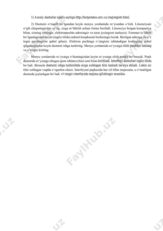 a tanlanadi. o‘rnatish tugagandan so‘ng masher oynasi dasturini ishga tushirishni taklif qiladi. dasturni o‘chirish uchun asosiy menyular bilan uninstall hot rotetoes buyrug‘ini tanlaymiz yoki standart o‘chirish buyrug‘idan foydalanish mumkin. (pusk – panel – upravleniya – udaleniya – programma) dasturni ruyxatga olish. hot potetoes dasturidagi 5 ta dasturni xech qanday cheklovlarsiz topshiriq va testlarni qo‘llash uchun bu dasturni registratsiya kilish kerak. dastur registratsiyasi bepul. registratsiya kilingan dasturlardan nusxa ko‘chirilsa, u dastur chegaralangan (mashq uchun ikkita savoldan ortiq yaratib bo‘lmaydi). dasturdan ro‘yxatga o‘tish uchun, ro‘yxatga olish sahifasi o‘tish mumkin. ro‘yxatga olish sahifasiga chiqish uchun: 1) asosiy dasturlar sahifa saytiga http://hotpotatos.uric.ca.\reg\registr.html; 2) dasturni o‘rnatib bo‘lgandan keyin menyu yordamida ro‘yxatdan o‘tish. litsenziyani o‘qib chiqaningizdan so‘ng, sizga to‘ldirish uchun forma beriladi. litsenziya bergan kompaniya bilan, sizning ismingiz, elektronpochta adresingiz va turar joyingizni tanlaysiz. formani to‘ldirib bo‘lganingizdan keyin (ingliz tilida) submit knopkasini boshisingiz kerak. berilgan adresga siz o‘z login parolingizni qabul qilasiz. elektron pochtaga o‘zingizni ishlatadigan …