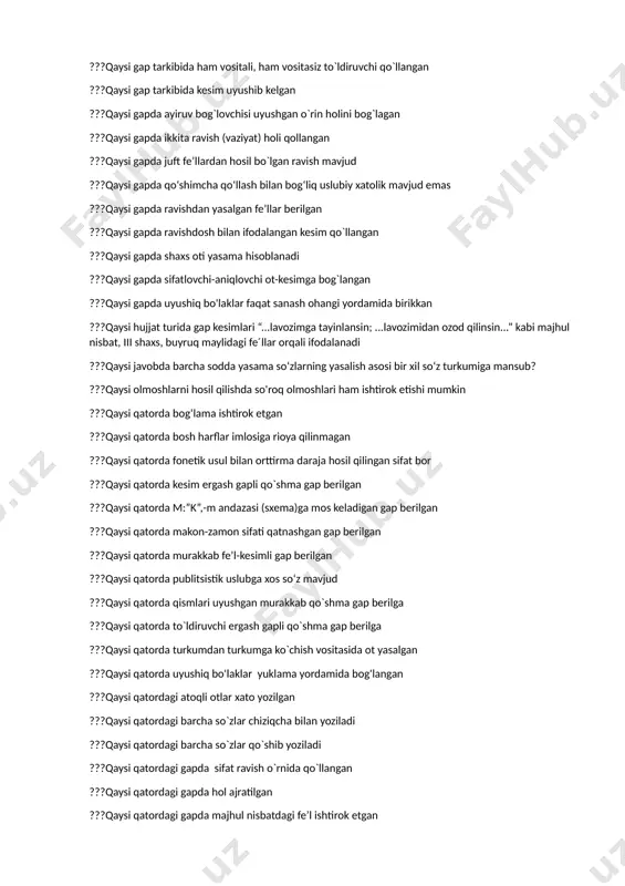 tirok etgan gapni aniqlang. ???nisbiy so`zli ergashgan qo`shma gap qaysi qatorda berilga ???nutq tovushlarining asosiy vazifasi so´zlarning ma´nolarini farqlashdir. ???odobli kishini hamma hamisha hurmat qiladi. ushbu gap tahlili qaysi qatorda to`g`ri berilgan ???olmosh bilan ifodalangan sifatlovchi-aniqlovchini toping. ???osh ichida tosh, tosh ichida osh. ushbu topishmoqda qaysi kelishik qo`shimchasi yashiringan ???ot (ism), ot (hayvon), ot (fe’l). uchala o‘rinda qo‘llangan ot so‘zining mohiyati to‘g‘ri izohlangan qatorni aniqlang. ???otlashgan sifat bilan ifodalangan egani toping. ???otlashgan so‘z bilan ifodalangan undalma qaysi qatordagi gapda qo‘llanga ???otlashgan son qatnashgan gapni aniqlang. ???otlashgan sonni aniqlang va qaysi gap bo`lagi vazifasida kelgan ???ovqatni do`stim bilan edim. ovqatni ishtaha bilan edim. ushbu gaplarda bilan ko`makchisi qanday gap bo`lagi tarkibida kelgan ???qalin tolzor orqasidagi katta-kichik supalarga joylashgan yozlik choyxonada o`tirgan rustam huzurli bir oh tortdi. ushbu gapda nechta sifat berilgan va ularning tuzilish jihatdan turlari qaysilar ???qaysi birikmalarda tobe so`z sifat bilan ifodalangan ???qaysi gap tarkibida ham vositali, ham vositasiz …