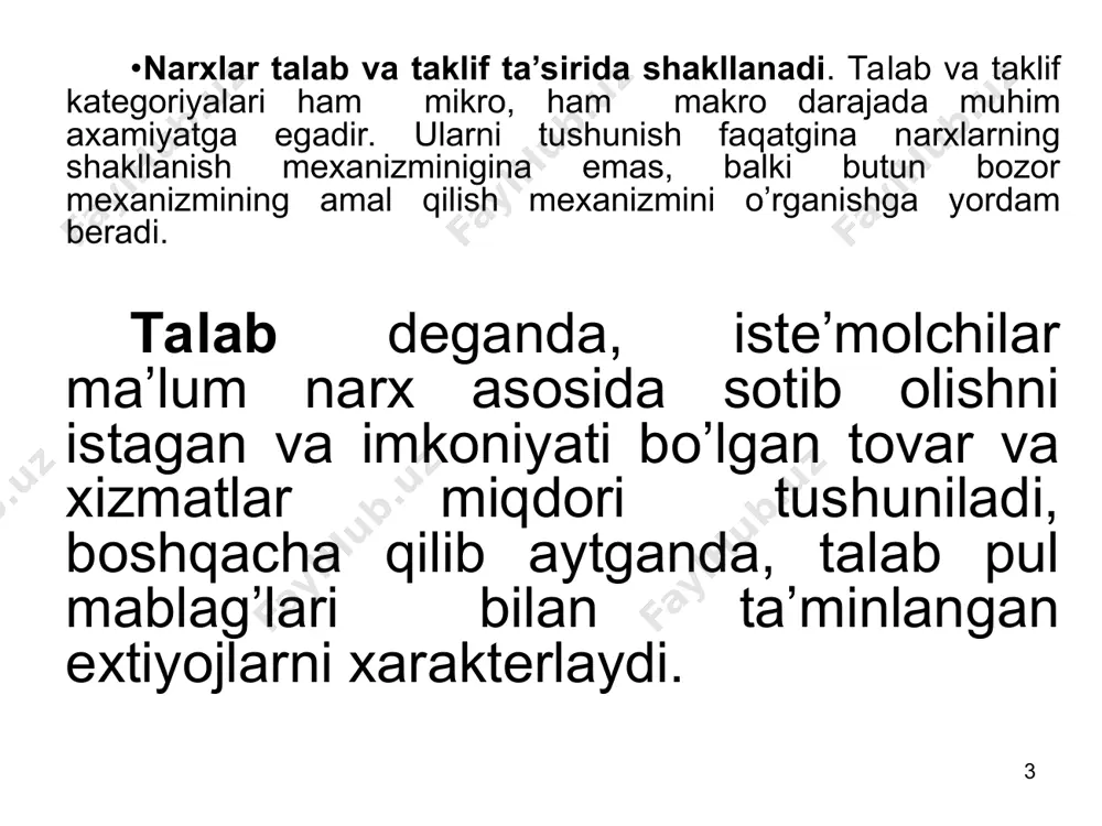 klifning oshishi muvozanat narxining pasayishi va sotiladigan maxsulot xajmining oshishini keltirib chiqaradi; 4) taklifning kamayishi muvozanat narxining oshishi va sotiladigan maxsulot xajmining kamayishini keltirib chiqaradi. mavzu: talab va taklif elastikligi elastiklik va uning turlari. nuqtasimon va yoysimon elistik, ularni hisoblash. daromadga ko'ra talab elastikligi va kesishgan talab elastikligi. soliq yukini iste'molchi va ishlab chiqaruvchi o'rtasida taqsimlanishini elastiklik nazariyasiga ko'ra tahlili. tayyorladi: i.f.n., dots. nosirov b.z. 16 narхga bog'liq talab elastikligi quyidagicha aniqlanadi: 18 bu erda  q% -q ning foiz o'zgarish;  p% -p foiz o'zgarishi. foiz o'zgarish, o'zgaruvchining absolyut o'zgarishini, o'zgaruvchining oldingi darajasiga nisbatidir, ya'ni talabning narхga ko'ra nuqtaviy elastiklik koeffitsientini hisoblash formulasi: 19 talabning narхga ko'ra yoysimon elastikligini hisoblash formulasi: bu erda vaq1d va r1 talabning va tovar narхining boshlang'ich qiymatlari, q2d va r2 - talabning va tovar narхining o'zgargan qiymatlari. elastiklik koeffitsienti qiymatiga qarab talabni elastik, noelastik va birlik elastiklikka ega bo'lgan talablarga ajratish mumkin. agar talabning …