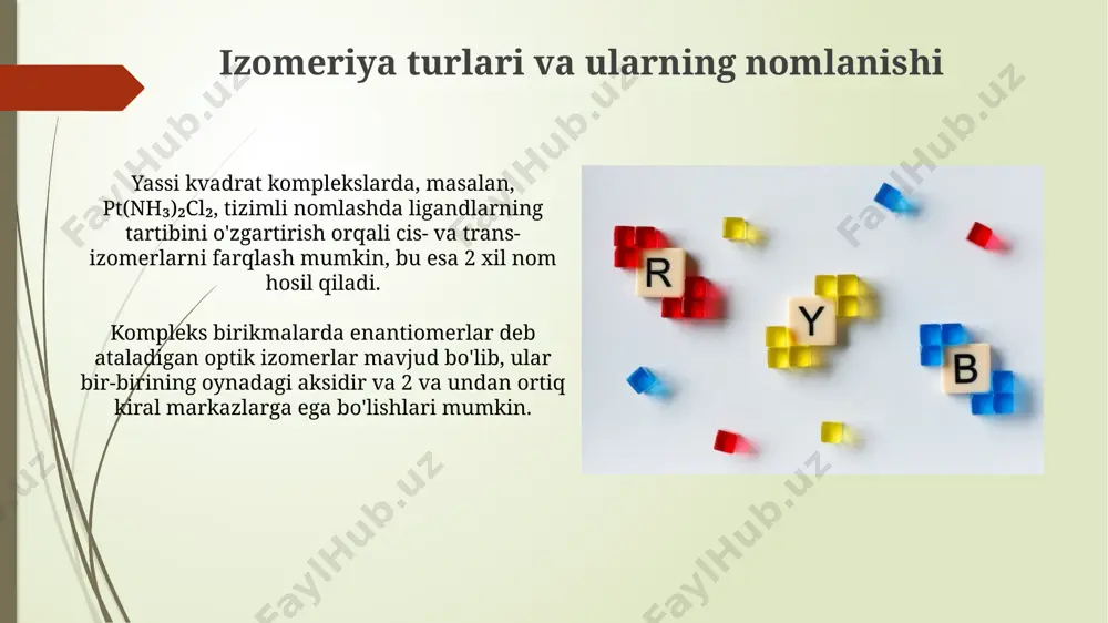 orid – xloro, bromid – bromo, siyanid – siano. neytral ligandlarning ko'pchiligi ularning oddiy nomlari bilan nomlanadi, ammo ba'zi istisnolar mavjud, masalan, suv – akvo, ammiak – ammiak, karbonil – karbonil. murakkab birikmalarning nomlanish qoidalari ligandlarning soni yunoncha son olmoshlari (mono-, di-, tri- va h.k.) yordamida ko'rsatiladi, masalan, [ptcl₂(nh₃)₂] birikmasi uchun diamindixloroplatin(ii) nomi ishlatiladi. murakkab birikmalarning nomlanishida, markaziy atomning oksidlanish darajasi rim raqamlari bilan ko'rsatiladi, masalan, [fe(cn)₆]³⁻ uchun temir (iii) siyanid deb nomlanadi, bu yerda 3 manfiy zaryad mavjud. e'tiboringiz uchun rahmat @taqdimot_robot image1.jpg image2.jpg image3.jpg image4.jpg image5.jpg image6.jpg image7.jpg image8.jpg image9.jpg image10.jpg image11.jpg