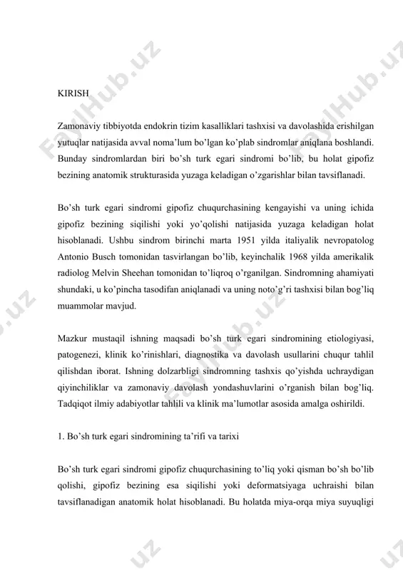 omining kelib chiqish sabablari va patogenezi gipofiz bezi markaziy endokrin tizimning eng muhim organi bo’lib, endokrin bezlar shohi deb ataladi. u sphenoid suyagining maxsus chuqurchasi sella turcica ichida joylashgan. normal anatomik tuzilishda sella turcica uzunligi 8-17 millimetr, kengligi 12-20 millimetr, chuqurligi esa 4-12 millimetrni tashkil qiladi. chuqurcha anterior va posterior clinoid jarayonlari bilan chegaralanadi. diaphragma sellae gipofizni yuqoridan himoya qiluvchi dura mater qavatining kengaytmasi bo’lib, normal holatda markazida faqat 4-5 millimetr diametrli infundibular teshik mavjud. gipofiz bezining normal anatomiyasida old bo’lag’i umumiy hajmning 75 foizini, orqa bo’lag’i esa 25 foizini tashkil qiladi. gipofiz poyasi gipotalamus bilan bog’lanadi va qon ta’minoti yuqori hamda pastki gipofiz arteriyalari orqali amalga oshiriladi. bo’sh turk egari sindromida yuz beradigan patologik jarayonlarning asosiy mexanizmi intrakranial bosimning ta’sirida miya-orqa miya suyuqligining sella turcica ichiga kirishi va gipofiz bezini siqib qo’yishidan iborat. bu jarayon turli omillar ta’sirida sodir bo’ladi. diaphragma sellae yetishmovchiligi tug’ma yoki orttirilgan holatda bu membrananing …