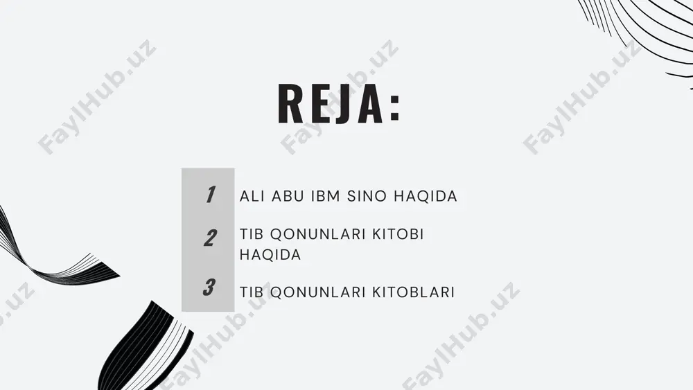 gi tabobatning mufassal ensiklopediyasi boʻlib, unda inson sogʻligi va kasalliklariga oid boʻlgan barcha masalalar mantiqiy tartibda toʻla bayon etilgan. 01 02 03 1-kitobda tabobatning nazariy asoslari hamda amaliy tabobatning umumiy masalalari, tabobat ilmining taʼrifi, uning vazifalari, xilt va mizoj haqidagi taʼlimot bayon qilinadi. 2-kitobda oʻsha davrda oʻsimlik, hayvon va maʼdanlardan olinadigan 800 dan ortiq doridarmonlar taʼrifi, ularning davoli xususiyatlari va qoʻllanish usullari bayon qilingan. 01 02 3-kitobda odam gavdasining boshidan tovonigacha boʻlgan aʼzolarida yuz beradigan „xususiy“ yoki „mahalliy“ kasalliklar haqida maʼlumot beriladi. 4-kitob kishi aʼzolaridan birontasiga xos boʻlmagan „umumiy“ kasalliklarga bagʻishlangan. 01 02 04 5-kitob farmakopeya boʻlib, unda murakkab tarkibli doridarmonlarni tayyorlash va ulardan foydalanish usullari yoritilgan. odam tanasining „oddiy“ aʼzolari — suyak, togʻay, asab, arteriya, vena, pay, bogʻlam va muskullar haqida qisqa anatomik ocherk keltiriladi. kasalliklarning kelib chiqish sabablari, koʻrinishlari, turlari hamda ularni davolashning umumiy usullari keltiriladi. ovqatlanish, hayot tarzi va hayotning hamma bosqichlarida sogʻliqni saqlash haqidagi taʼlimot yoritiladi. …