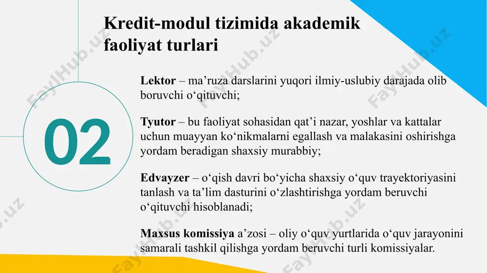 biladi, ifodalay oladi, aytib beradi hamda fan (mavzu) bo‘yicha tasavvurga ega deb topilganda – 3 (qoniqarli) baho; 4- talaba fan dasturini o‘zlashtirmagan, fanning (mavzuning) moxiyatini tushunmaydi hamda fan (mavzu) bo‘yicha tasavvurga ega emas deb topilganda – 2 (qoniqarsiz) baho bilan baholanadi. talabaning mustaqil ishini baholash 06 uyga vazifalar amaliy vazifalari laboratoriya vazifalari boshqalar joriy va oraliq nazorat yakuniy nazorat (yozma, test) yakuniy nazorat tanlov fanlar asosiy fanlar 50% i topshiriqlar uchun belgilangan muddatlar qat’iy belgilanadi (deadline)! 50% 07 2018-yildan o‘zbekiston tizimi yevropa kredit transfer tizimi (ects — european credit transfer system) amerika tizimi (a- f) britaniya tizimi (%) koreya tizimi (%) o‘zbekiston tizimi (%) “5” “a” “a+” 70 — 100 90 — 100 90 — 100 “a” “a-” 65 — 69 “4” “b” “b+” 60 — 64 80 — 89 70 — 89,9 “c” “b” 50 — 59 “b-” “3” “d” “c+” 45 — 49 70 — 79 60 — …