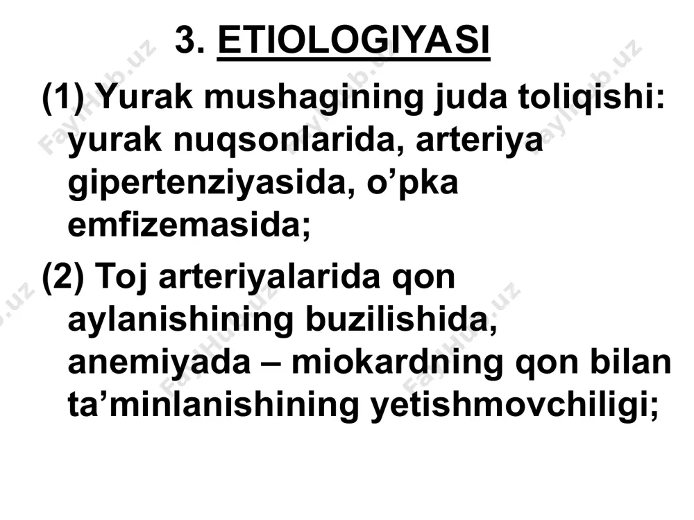 ida 1 foizli morfin gidroxlorid eritmasidan 1 ml yoki 2 foizli promеdol eritmasidan 1 ml yuboriladi (nafas markazi qo’zg’aluvchanligini kamaytiradi). davosi (davomi) aylanib yuruvchi qon hajmini kamaytirish. o’pkada qon aylanishini yaxshilash uchun 5-10 ml 2,4% li eufillin eritmasini 10 ml izotonik eritma bilan vеna ichiga yuboriladi. o’pka shishida o’pka kapillyarlari o’tkazuvchanligini kamaytirish. miokard oziqlanishini yaxshilash. b. surunkali yurak yetishmovchiligi 1. ta’rifi: surunkali yurak yetishmovchiligi (sbе) - miokard qisqarishi faoliyati pasayishi natijasida a’zolarning qon bilan ta’minlanishining buzilishiga olib kеladigan patologik jarayon. 2. etiologiyasi - miokard kasalliklari (miokarditlar, miokardiodistrofiya, kardiomiopatiya), yuik, gipеrtoniya kasalligi, yurak nuqsonlari, o’pkaning surunkali obstruktiv kasalligi va h.k. 3. patogеnеzi syuе rivojlanishi miokardning mеtabolik jarayonlari (elеktrolitlar va gеmodinamik buzilishlar) bilan bog’liq. miokard zararlanishi chap qorincha yetishmovchiligi oqibatida o’pka vеnasi bosimi oshishiga, o’ng qorincha yetishmovchiligida esa katta qon aylanish doirasida bosimning oshishi natijasida ichki a’zolarning qon bilan to’lishi ko’payadi, buyrakda qon aylanishi kamayadi va shish rivojlanadi. 4. klinik ko’rinishi yurakning …