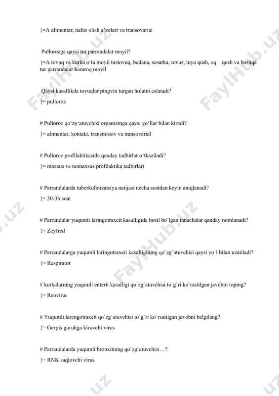 arantin qancha vaqtda olib tashlanadi? {= 2 oyda # chechak bilan zararlangan xo‘jaliklarda parrandaxonalar nima bilan dezinfeksiya qilinsa yaxshi samara beradi? {= xlorli ohak # chechakda biosinamasida patologik materialdan tayyorlanadigan suspenziyasiga namuna tovuqning qaysi organlaridan olinadi? {= toj, quloq, sonidan # parrandalar chechak kasalligi necha oylik davrlarda kuzatiladi? {= 4-12 oylik # parrandalar chechagining qo‘zg`atuvchisi …? {= dnk saqlovchi virus # chechakning yashirin davri qancha vaqtni tashkil etadi? {= 4-14 kun # parrandalar chechagining necha xil turi bor? {= 4 # xo‘jalikda chechak kasalligi aniqlansa qanday tadbir amalga oshiriladi? {= karantin qo‘yiladi # nyukasl kasalligi necha xil shaklda uchraydi? {= 4 # nyukasl kasalligi qo‘zg`atuvchisi organizmga qaysi yo‘llar bilan kiradi? {= respirator va alimentar # nyukasl kasalligiga diagnoz nimaga asoslanib qo‘yladi? {= epizootologik ma`lumotlarga, klinik belgilarga, patalogoanatomik tekshirishlar va laborator tekshirishlarga asoslanib. # nyukasl bilan kasallangan xo‘jalikka qanday tadbir o‘rnatiladi? {= karantin # nyukasl kasalligiga ko‘proq moyil parrandalarni belgilang? {= …