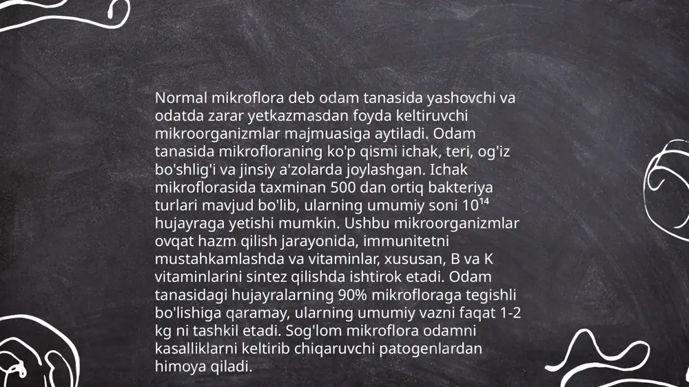 lishi allergiya, astma kabi kasalliklarni qo‘zg‘atishi mumkin. tijorat tahlillari ko‘rsatishicha, burun mikroflorasining sog‘lomligi kasallanish xavfini 30% gacha kamaytirishi mumkin. ... t.me/slaydai_bot 8. genital hududning mikroflorasi odatda turli xil mikroorganizmlardan iborat bo‘lib, ular orasida bakteriyalar, zamburug‘lar va viruslar mavjud. ayol va erkaklarda bu hududda ma’lum turdagi mikroflora mavjudligini ta'kidlash kerak. ayollarda lactobacillus bakteriyalari dominant bo‘lib, ular ph muvozanatini saqlashda va infektsiyalardan himoya qilishda yordam beradi. erkaklarda esa mikroflora kamroq o‘rganilgan bo‘lsa-da, proteobacteria, firmicutes va bacteroidetes kabi bakteriyalar uchraydi. mikroflora balansining buzilishi, masalan, antibiotiklar qabul qilish yoki boshqa salbiy omillar natijasida disbiozga olib kelishi mumkin, bu esa infektsiya xavfini oshiradi. shuning uchun mikroflorani saqlash inson salomatligi uchun juda muhimdir. odam normal mikroflorasi .tekshirish usullari abdumansurova gulshanoy e'tiboringiz uchun raxmat! image1.png image2.png image3.png image4.jpg image5.png image6.jpg image7.jpg /docprops/thumbnail.jpeg
