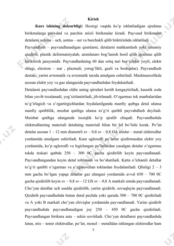 har xil materiali detallarni biriktirish uchun ishlatiladi. parchin mixli birikmalar ustma – ust, uchma – uch bi rust quymali, uchma – uch ikki ust quymali bo’ladi. choklarning joylashishiga qarab bir, ikki va ko’p qatorli parallel va shaxmat nusxa bo’ladi. ajraluvchan birkmalarni shkastlantirmasdan, buzmasdan qismlarga ajratish mumkin. rezbali birkmalar eng ko’p tarqalgan birkma bo’lib, vintli, shpilkali turlarga bo’linadi. ular mahkamlovchi va zichlovchi bo’ladi. rezbalarniki esa uchburchakli, to’rtburchakli, trapedtsial xillari bor. oddiy mahkamlovchi rezbali birkmalarda bolt yoki vint teshikka ma’lum zaror bilan kirgiziladi. zichlovchi birkmalarda esa bolt urib kiritiladi. birkma ajralib ketmasligi uchun kontrgaykalar, shaybalar ishlatiladi. kurs ishi predmeti: shponkali va shlitsali birkmalar vallarda yoki o’qlarda aylanadigan detallarni o’zaro briktirishda ishlatiladi. shponkalarning prizmatik, silindirik va segmentsimon turlari bor va ular tushadigan kuchlanish bo’yicha tanlanadi. birkmalardan to’g’ri foydalanish uchun ularning tuzilishini, ishlatish sohalarini, parametrlarini bilish kerak. yuqoridagilarga asoslanib ushbu ishining gipotezasi sifatida mashinasozlikda, xalq va qishloq xo’jaligining barcha sohalarida juda ko’p qo’llaniladigan payvand, …