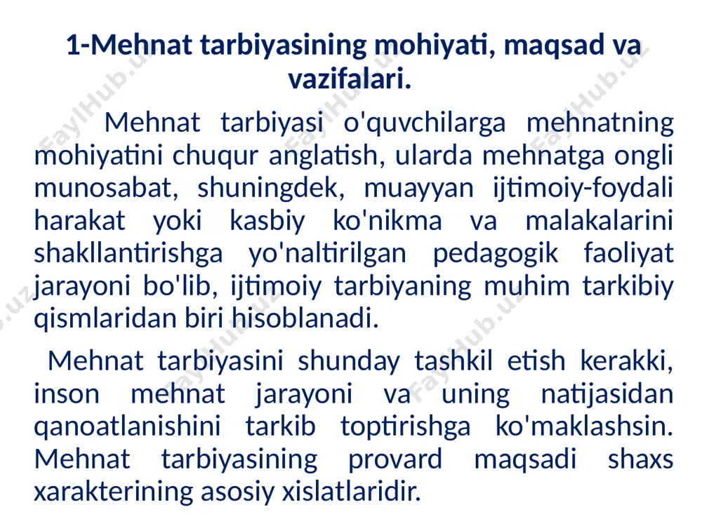 at faoliyatining barcha turlari, shuningdek, ular yashayotgan hududda ehtiyoj mavjud bo'lgan mutaxassisliklar bilan tanishtirish. mazkur vazifalar tizimida o'quvchilarni mehnatga psixologik va amaliy jihatdan tayyorlash ularning qiziqish va qobiliyatlarini aniqlash orqali amalga oshiriladi. mehnat tarbiyasi o'quvchilarning aqliy, ma'naviv-axloqiy, jismoniy va estetik tarbiyasi bilan o'zaro bog'liq holda yaxlit tizimda amalga oshiriladi. chunonchi: aqliy tarbiya o'quvchilar mehnat tarbiyasi, ularni kasbga tayyorlashning asosi sanaladi. zero, mehnat - nazariy va amaliy bilimlarni egallashga yordam beradi, bilim esa o'z navbatida shaxsni mehnatga tayyorlashni takomillashtiradi. mehnat tarbiyasining samaradorligi o'quvchilarni mehnat faoliyatiga tayyorlash jarayonida har tomonlama rivojlangan shaxsni tarbiyalash vazifasi bilan belgilanadi. mehnat tarbiyasi axloqiy tarbiyaning asosiy vositasi hisoblanadi. chunki mehnat faoliyati yordamida o'quvchida mehnatsevarlik, intizomlilik, irodalilik, tashabbuskorlik, mustaqil harakat qilish kabi axloqiy xislatlar ham shakllanadi. mehnat tarbiyasi estetik tarbiya bilan mustahkam aloqada olib boriladi. mehnat tarbiyasi mazmuniga estetik elementlarni singdirish asosida uni amalga oshirish o'quvchilar mehnat tarbiyasida katta ahamiyat kasb etadi. mehnatda go'zallik va o'z mehnatidan zavqlanish …