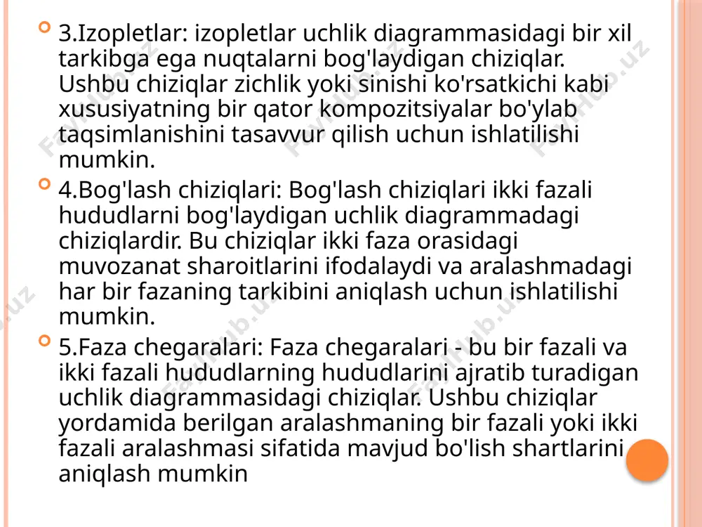 atadigan haroratga nisbatan kompozitsiya grafigi. holat diagrammasi bog'lash chiziqlarini kompozitsion o'qiga proyeksiya qilish orqali tuzilishi mumkin. umuman olganda, uch komponentli tizim uchun holat diagrammasini qurish bir qator matematik hisoblar va grafik tasvirlarni o'z ichiga oladi. olingan holat diagrammasi tizimning xatti-harakatlarini tushunish va uch komponentli aralashmalar bilan ishlashni o'z ichiga olgan sanoat jarayonlarini loyihalash uchun foydali vositani taqdim etadi. uch komponentli tizimlar uchun holat diagrammasini talqin qilish. uch komponentli tizim uchun holat diagrammasini talqin qilish diagrammaning har bir faza (qattiq, suyuq va gaz) barqaror bo'lgan hududlarini va har xil harorat va bosim sharoitida har bir fazaning tarkibini tushunishni o'z ichiga oladi. uch komponentli tizim uchun holat diagrammasini sharhlashda quyidagi asosiy fikrlarni hisobga olish kerak: 1.uchlik diagrammaning burchaklari tizimning sof tarkibiy qismlarini, burchaklarni birlashtiruvchi chiziqlar esa bu komponentlarning ikkilik aralashmalarini ifodalaydi. 2.uchlik diagramma ichidagi maydonlar uch fazali hududlarni ifodalaydi, bu erda barcha uch faza (qattiq, suyuq va gaz) muvozanatda mavjud. diagrammaning chekkalaridagi …