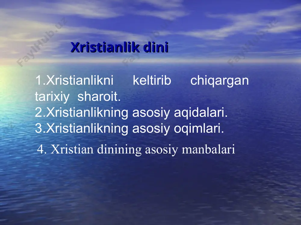 udo odamlarning aql-idroki bilan tushunib bo‘lmaydigan tilsimot bo‘lib, u ilohiy dunyoda mavjud. xudo muhabbatdir. u odamlarga hech qachon yomonlik qilmaydi. yomonlik insonning birlamchi gunohkorligi va «noto‘g‘ri» turmush tarzining natijasidir. христианлик таълимотидаги ақидалар ақидалари худо-ота, худо-ўғил, худо муқаддас руҳга ишониш исонинг халоскор мессия (махдий) эканлигига ишониш исони қайта тирилишига ишониш одамнинг гуноҳкорлиги ва ундан халос бўлишга ишониш жаннат ва дўзахга ишониш охиратга ишониш христианликнинг сирли маросимлари христианликнинг сирли маросимлари чўқинтиришда болани сувга ботириб олиш нон ва вино билан тотиниш тавба-тазарру қилиш руҳонийлик унвони бериш миро суртиш муқаддас зайтун мойи суртиш черковда никоҳ ўқитиш христианликнинг маросимлари ибодат қилиш хочга сиғиниш марҳумларни хотирлаш бутга сиғиниш авлиёларга сиғиниш xristian cherkovining katolik va pravoslav (ortodoks) cherkovlariga ajralib ketishi rim papasi va istambul patriarxining xristian olamida yetakchilik uchun olib borgan raqobati oqibatida vujudga keldi. ajralish jarayoni rim imperiyasining g’arbiy va sharqiy tafovutlari o’sib chuqurlashib borayotgan asrlardayoq boshlangan edi. 867 yillar orasida papa nikolay va istambul patriarxi …