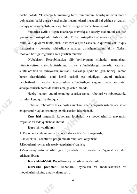 lari robotdagi analog fikrlash markaziy nerv sistemasi boshqarish sistemasi tashqi muhit bilan aloqa sezish organlari sezish elemantlari (datchiklar va sensorlar) ish va harakat qo‘l, oyoq va h. manipulyatorlar va harakatlanish qurilmasi hayot ta’minoti qon aylanish va hazm qilish organlari energiya manbalari robotlar manipulyatorlar deb ataladigan mashinlar sinfiga kiradi. manipulyatorlar – ko‘p zvenolardan iborat mexanizm bo‘lib, odam qo‘li harakatlarini imitatsiya qilishga mo‘ljallangan qurilmadir, u masofadan operator yoki programmali boshqarish sistemasi tomonidan boshqariladi. sanoat roboti (sr) - ishlab chiqarish jarayonida harakat va boshqaruv funksiyalarini bajarish uchun mo‘ljallangan bir nechta xarakatlanish darajasiga ega bo‘lgan manipulyator ko‘rinishidagi ijro qurilmasidan hamda qayta dasturlanuvchi dasturiy boshqaruv qurilmasidan tashkil topgan statsionar (qo‘zg‘almas) yoki ko‘chma avtomatik mashina. texnik adabiyotda bundan ham qisqaroq ta’rif uchraydi: canoat roboti (sr) - sanoatda ishlatishga mo‘ljallangan qayta dasturlanuvchi avtomatik manipulyator. robototexnik tizim deb, shunday texnikaviy tizimga aytiladiki, unda energiya, massa va axborotlar bilan bog‘liq o‘zgartirishlar va aloqalar sanoat robotlaridan foydalanilgan holda aks etadi. …