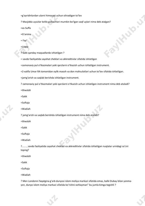 shiradi. = maxsus savdo-sotiq turi bo‘lib bunda sotuvchi mahsulotning xarid narxini, qilingan xarajatlarni va uning ustiga o‘zi qo‘ygan ustamani (foydani) xaridorga ma’lum qiladi ? muzoraba shartnomasi bu-? = ikki yoki undan ortiq taraflar o‘rtasida biznes yoki savdo yuritishdagi sherikchilikni o‘zida aks ettiradi. = operatsion ijara bo‘lib, uning doirasida muassasa buyumni sotib oladi va mijozga ijara to‘lovi evaziga ijaraga topshiradi. = maxsus savdo-sotiq turi bo‘lib bunda sotuvchi mahsulotning xarid narxini, qilingan xarajatlarni va uning ustiga o‘zi qo‘ygan ustamani (foydani) xaridorga ma’lum qiladi = islom fiqhi me’yorlariga muvofiq eksport-importni, loyihaviy va sindikatlashgan moliyalashtirishda, qimmatli qog‘ozlarni chiqarishda islomiy bank aktiv amaliyotlari doirasida foydalaniladigan shartnoma ? salam» lug‘atda qanday ma’noni anglatadi? =taslim qilish ,berish =bekor qilish, qoplama to‘lash =kamayib boruvchi sheriklik =tug‘ri javob yuq ? «rasululloh sollallohu alayhi vasallam madiynaga kelganlarida ular mevani bir yil, ikki yilga……………. savdo qilar edilar. bu savdo nomi berilgan javobni belgilang. =ijara =murobaha =istisno =salaf ? qaysi shartnoma xaridor …