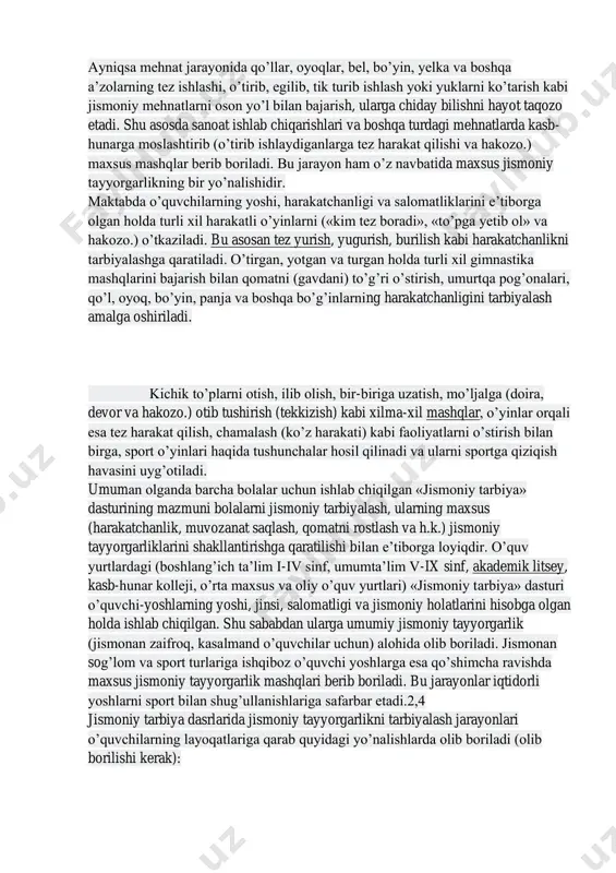 nlarida ishtirok etish. - o’zi sevgan sport turi bilan shug’ullanish. - o’rta va uzoq masofalarga yugurishda charchamaslik, chidash, suvda ko’p suzish va hakozo. jismoniy tayyorgarlik, jismoniy barkamollik bilan egizak, desa bo’ladi. ularning mujassamligi va samaralari maxsus jismoniy tayyorgarlikka yetaklaydi. maxsus jismoniy tayyorgarlik jismoniy sifatlar bilan tutashib ketadi. jismoniy sifatlar faqat sportdagina emas, balki ijtimoiy-turmush madaniyatimizda ham o’ziga xos xususiyatlarga egadir. maxsus jismoniy tayyorgarlik; bu tushuncha asosan inson tanasining ma’lum bir qismini (qo’llar, oyoqlar, bel va hakozo.) jismoniy jihatdan mustahkamlash, rivojlantirish harakat faoliyatlarni ixchamlashtirish, tezlashtirish kabi jihatlarga qaratilishi bilan alohida o’ringa egadir. yurtimizda, ijtimoiy-madaniy turmush sharoitimizda jismoniy tayyorgarlik muhim ahamiyatga egadir. https://fayllar.org/chust-tumani-shoyon-mahallasida-3-fevral-kuni-olib-borilgan-is.html ayniqsa mehnat jarayonida qo’llar, oyoqlar, bel, bo’yin, yelka va boshqa a’zolarning tez ishlashi, o’tirib, egilib, tik turib ishlash yoki yuklarni ko’tarish kabi jismoniy mehnatlarni oson yo’l bilan bajarish, ularga chiday bilishni hayot taqozo etadi. shu asosda sanoat ishlab chiqarishlari va boshqa turdagi mehnatlarda kasb- hunarga moslashtirib (o’tirib ishlaydiganlarga tez …