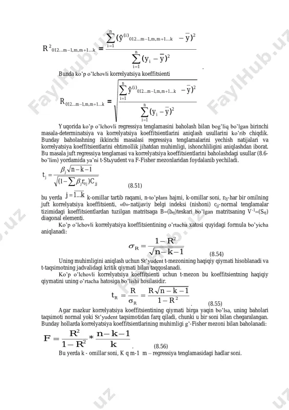 6a)   . ko’p omilli regressiya tenglamasini baholash natijaviy belgi (u) bilan omillar (x1, x2, ....., xk) o’rtasidagi korrelyatsion bog’lanishning kuchini o’lchash va tenglamaga kiritilgan barcha omillarning mohiyatli yoki mohiyatsizligini aniqlashdan iborat. korrelyatsion bog’lanishning xususiy regressiya koeffitsienti muayyan omilning natijaviy belgi variatsiyasiga ta’sirini omillar o’zaro bog’lanishidan «tozalangan» holda o’lchaydi, ammo tengla- maga kiritilmagan omillar bundan mustasnodir.  standartlashgan regressiya ko’rsatkich- lari taqqoslama nisbiy meyorlar, ularda o’lchov bir-liklari va belgilar mohiyati mavhum-lashgandir. kuchini o’lchashda natijaviy belgining umumiy )( 2 0 omilli )( 2 ...01 k va qoldiq 2 k120δ )...( dispersiyalaridan foydalaniladi.  2 ,...012 k - omillar dispersiyasi. 2 k120δ )...( - qoldiq dispersiya; - umumiy dispersiya. dispersiya  ishoralaridagi nol «0» indeksi natijaviy belgini anglatadi (ya’ni u). 1,2,...,k q j - har bir o’rganilayotgan (tenglamaga kiritilgan) omilning tartib soni. demak,  k,...012 k21j , . . . ,, omillar dispersiyasi. qoldiq dispersiya nishonidagi qavs «uning ichida sanab o’tilgan …