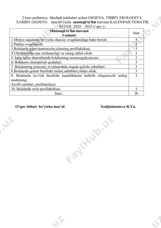 tr soat 1.menyu taqsimoti bo‘yicha shaxsiy ovqatlanishga baho berish. 3 2.parhez ovqatlanish. 3 3.bolalarda gipovitaminozlar,ularning profilaktikasi. 3 4 ultrabinafsha nur etishmasligi va uning oldini olish. 3 5. issiq iqlim sharoitlarida bolalarning termoregulyasiyasi. 3 6. bolalarni chiniqtirish qoidalari. 3 7. bolalarning jismoniy rivojlanishda orqada qolishi sabablari. 3 8.bolalarda qomat buzilishi turlari,sabablari,oldini olish. 3 9. bolalarda ko‘rish buzilishi kasalliklarini keltirib chiqaruvchi tashqi muhitning xavfli omillari, profilaktikasi. 3 10. bolalarda raxit profilaktikasi. 3 jami : 30 o’quv ishlari bo’yicha mas’ul xodjiahmatova r.yu.
