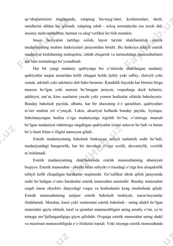 ohiyati, narsa-buyumlar ifodalanadi. masalan, kursi yoki xontaxtani estetik baholash - uning shakli bo‘lgan materialni qayta ishlash, taraf va qismlari mutanosibligini uning amaliy o‘rni, ya’ni nimaga mo‘ljallanganligiga qiyos qilishdir. ovqatga estetik munosabat uning shakl va mazmuni mutanosibligida o‘z ifodasini topadi. yoki insonga estetik munosabatda bo‘lish ham inson shaxsi ma’naviy mazmunining inson xatti-harakatlari va xulq-atvori shakliga mutanosiblikda ifodalanadi. tashqi ko‘rinish - insonning kim va qanday ekanligi haqida dastlabki ma’lumotni beradi hamda uning turmush tarzi va hayotida muhim ahamiyatga ega. hozirda dunyo globallashib bormoqda. aksariyat hollarda insonning tashqi go‘zalligiga nisbatan yuzaki munosabat bildiriladi; tashqi go‘zallik shaxsning chinakam «men»ini namoyon qilishiga to‘sqinlik qiluvchi, o‘tkinchi hodisa sifatida qaraladi. hozirgi davr bunday fikrlarni qisman rad etadi. chunki insonning tashqi go‘zalligi nafaqat o‘ziga, balki boshqalarning faoliyatiga ham ijobiy ta’sir ko‘rsatadi. zero, tashqi ko‘rinish: 1. odamning o‘tayotgan kunini sermazmun va xayrli etadi. 2. insonning hayotdan bahramand bo‘lish onlarini shirin qiladi va unga zavq bag‘ishlaydi. 3. odamni ochiq ko‘ngilli, …