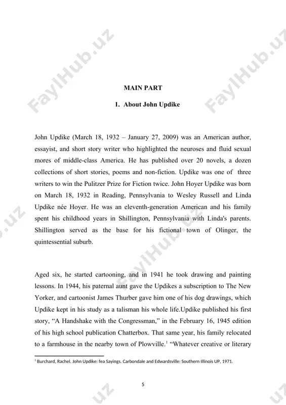 upport the writing of rabbit, run, which was published in 1960 by knopf. it focused on the lackluster life and graphic sexual escapades of harry “rabbit” angstrom, a former high school football star stuck in a dead-end job.[footnoteref:2] updike had to make changes prior to publication in order to avoid possible lawsuits for obscenity.in 1962, rabbit, run was published in london by deutsch, and he spent the fall of that year making “emendations and restorations” while living in antibes. revisiting the rabbit saga becomes his lifelong habit. rabbit run exists in more forms than any of my other novels, befitting its nervous and indecisive protagonist,” he wrote in the new york times in 1995. after the success of rabbit run, he published an important paper. "the dogwood tree" in martin levin's novel the five boys. [2: detweiler, robert. john updike. new york: twayne publisher, 1 972. ] his 1963 novel …