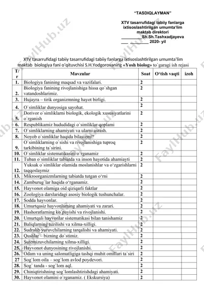 "yosh biolog" to`garagi ish rejasi — DOCX