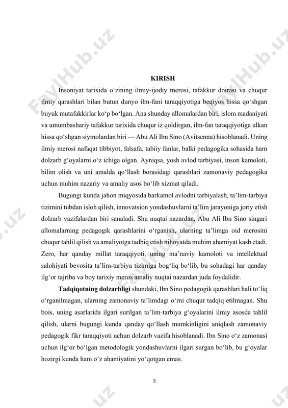 n sinoning hayoti, ilmiy faoliyati va asarlarini o‘rganish; 2. uning pedagogik qarashlarining asosiy tamoyillarini aniqlash; 3. ibn sino tomonidan ilgari surilgan ta’lim-tarbiyaga oid g‘oyalarni tahlil qilish; 4. pedagogik fikr taraqqiyotidagi ibn sinoning o‘rnini belgilash; 5. ibn sino qarashlarining zamonaviy ta’lim tizimiga ta’sirini ko‘rsatib berish; 6. uning pedagogik merosini bugungi ta’limga integratsiya qilish imkoniyatlarini baholash. mazkur vazifalarni bajarish orqali kurs ishida nazariy hamda amaliy jihatlar uyg‘un holda yoritilishi maqsad qilingan. ishning ilmiy yangiligi mazkur ishning ilmiy yangiligi shundaki, ibn sino pedagogik qarashlari yangicha yondashuvda — hozirgi ta’lim islohoti va ma’naviy-ma’rifiy yuksalish kontekstida tahlil qilinmoqda. allomaning qarashlari faqat tarixiy manba sifatida emas, balki hozirgi davr ta’lim muammolarini hal qilishda qo‘llanishi mumkin bo‘lgan dolzarb g‘oyalar sifatida o‘rganilmoqda. shu bois, bu ishda ibn sino pedagogik qarashlariga tayanib, hozirgi pedagogik faoliyatni boyitish, ta’lim metodikasini takomillashtirish bo‘yicha takliflar ishlab chiqiladi. ilmiy yangilik, shuningdek, ibn sino ta’limga oid fikrlarini zamonaviy pedagogik konsepsiyalar bilan taqqoslab tahlil qilish orqali …