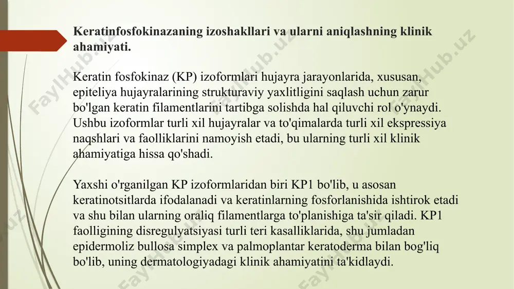 izoformalarini aniq substrat o'ziga xosligi va tartibga solish mexanizmlari bilan aniqladi, bu ularning salomatlik va kasallikdagi roli haqidagi tushunchamizni kengaytirdi. ushbu kashfiyotlar keratinning aberrant fosforillanishi bilan bog'liq bo'lgan holatlar uchun maqsadli davolash usullarini ishlab chiqish uchun va'da beradi. xulosa qilib aytganda, keratin fosfokinaz izoformlari, jumladan kp1, kp2 va kp3, turli xil hujayra jarayonlarida muhim rol o'ynaydigan turli ekspressiya naqshlari va faolliklarini namoyish etadi. ularning tartibga solinmaganligi bir qator klinik sharoitlarda namoyon bo'lib, ularning turli xil tibbiy mutaxassisliklar bo'yicha potentsial diagnostika belgilari va terapevtik maqsadlari sifatida ahamiyatini ta'kidlaydi. miopatiyalar. mushaklar denervatsiyasi. miyopatiyalar skelet mushak tolalarining disfunktsiyasi yoki shikastlanishi bilan tavsiflangan turli xil kasalliklar guruhini o'z ichiga oladi. bu shartlar genetik mutatsiyalar, otoimmün javoblar, metabolik anormallik yoki atrof-muhit omillaridan kelib chiqishi mumkin, bu mushaklar kuchsizligiga, atrofiyaga va funktsiyaning buzilishiga olib keladi. mushaklarning denervatsiyasi esa mushaklarning nerv ta'minotini yo'qotishni o'z ichiga oladi, natijada zaiflik va atrofiyaning shunga o'xshash belgilari paydo bo'ladi, ammo mushaklarning …