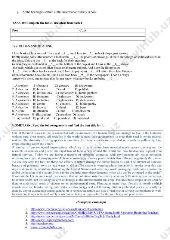 tiklamoq восстановить 7 deviate engashmoq загадочный 8 outmoded eskirgan старомодный 9 significant ahamiyatga ega существенный 10 beforehand oldindan, avvaldan заранее 11 enterprise korxona предприятие 12 separation ajralmoq разделение 13 accidentally tasodifan случайно task 8: give the appropriate definitions to the underline words in the article. task 9: read the following comments which customers have made about the supermarket and use them to answer the questions below. 1. what conditions are created at the supermarket? 1. what lacks are mentioned by customers which do not let the supermarket be estimated as the best one? 1. what measures must be taken by the supermarket authority to meet the customer’s needs? 1. the prices at the supermarket are much higher than at other shopping center in the city. 1. the services offered at the supermarket for customers are of high quality. 1. it is very nice to buy all needed products at one …