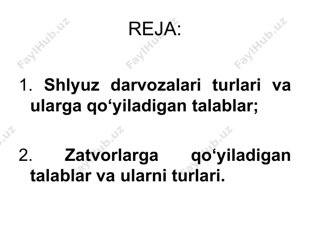ланиш хамда тузатиш даврида асосий ва ёрдамчи жиҳозларини яхши холатда сақлашни таъминлайдиган қозилмалар киради. бундай қурилмаларга авария ва тузатиш затворлари, кранлар, лебедкалар, юк кутаргичлар ва бошқа тузатиш ишларини бажариш учун зарур бўлган қурилмалар киради. • механик қурилмаларни типлари ва ўлчамлари шлюз конструкцияси ва шаклини ўлчамларига, сув билан таъминлаш системаларига, иншоотни жойлашишига ва бошка қатор факторларга боғлиқ. • шлюз дарвозасини (затворларини) қуйидаги белгиларига кўра классификациялаш мумкин. фойдаланиш вазифасига кўра кема кириш тешикларини беркитувчи шлюз дарвозаси (затворларни) асосий (ишчи), авария ва тузатиш, конструкциясига кўра - ясси, сегментли, клапанли, икки табақали, жойлашишига кўра юқори, пастки ва оралиқ бош қисми дарвозалари. • водопровод галереялари затворлари конструкциясига кўра ясси, цилиндирик, конуссимон, дисксимон, ва б. бўлади. беркитаёттан тешикни жойлашишига кўра, чуқурга ва юзага жойлашган бўлади. • шлюз дарвозасини бир нечта турлари қўлланилади (9.1 - расм). дарвозани типини танлаш кўп даражада у фақкат босимни ушлаб туриш учунми ёки бир вақтнинг ўзида шлюз камерасини тўлдириш ва бўшатиш учун …