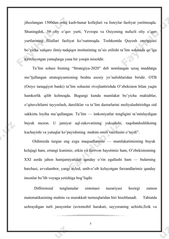 hosilalalari va differensiallari orasidagi munosabatni topish tabiatan yengil bo’ladi. bunda noma’lum funksiya yoki vektor funksiya hosila yoki differensial ishorasi ostida qatnashgan munosabat hosil bo’ladi. jumladan, birinchi tartibli oddiy differensial tenglama deyiladi. birinchi tartibli hosilaga nisbatan yechilmagan oddiy differensial tenglama deyilsa, n-tartibli oddiy differensial tenglama deyiladi. n-tartibli yuqori tartibli hosilaga nisbatan yechilgan oddiy differensial tenglama deyiladi. 1.1.1. ta’rif. agar yoki lar va argumentlarga nisbatan chiziqli funksiyalar bo’lsa, tegishli differensial tenglama chiziqli deyiladi. n-tartibli oddiy differensial tenglama deyiladi. yuqori tartibli hosilaga nisbatan yechilgan yoki kanonik ko’rinishga keltirilgan n-tartibli oddiy differensial tenglama deyiladi. bu tenglamalarda noma’lum funksiya bitta bo’lib, tenglamada uning hosilalari ishtirok etadi. , bu yerda n ta noma’lum funksiya va n ta tenglama qatnashadi. shuning uchun bu sistema birgalikda yechiladigan sistema bo’lib, uning tartibi ga teng. bu sistemani yechish uchun noqulay, shuning uchun uni quyidagicha qulayroq ko’rinishga keltiramiz. barcha tenglamalardan larning yuqori tartibli hosilalariga nisbatan yechib, tenglamaga differensial tenglamaning kanonik sistemasi …