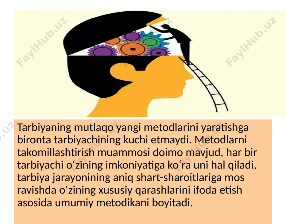 h noma’qul xatti-harakatlarning oldini olish, axloqni tuzatishi, jamoa oldida uyalishi, oʻzini gunohkor deb bilish hissini uygʻotishi mumkin. jamoa tomonidan yoki uni qoʻllab-quvvatlashi asosida jazo berish metodlari ham hilma-xil boʻlib, ular jumlasiga tanbeh berish, koyish, uyaltirish, qizartirish xatti-harakatlarni jamoa oʻrtasida muhokama qilish, muayyan faoliyatidan chetlatish va boshqalar kiradi. tarbiya jarayonini tashkil etishda oʻqituvchi tomonidan qoʻllaniladigan metodlar ham muhim ahamiyatga ega boʻlib, ular ijtimoiy jamiyat tomonidan ta’lim muassasalari oldiga qoʻyilgan yosh avlodni har tomonlama barkamol, erkin, ijodkor, mustaqil fikr egasi etib tarbiyalash vazifalari bilan belgilanadi. e'tiboringiz uchun rahmat image1.jpeg image2.jpeg image3.jpeg image4.jpeg image5.jpeg image6.jpeg image7.jpeg image8.jpeg image9.jpeg image10.jpeg