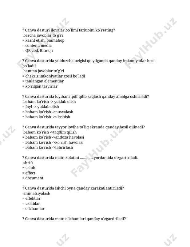 imkoniyatlarga ega holda iste’molga chiqarilgan? 11 = 10 = 12 = 9 ? autoplay media studio ishga tushirilgach qanday oyna xosil bo`ladi? loyiha bilan bog‘liq bir nechta buyruqlarni o‘z ichiga oluvchi muloqot oynasi yuzaga keladi = autoplay media studio dasturidan chiqish = autoplay media studio dasturi imkoniyatlari = autoplay media studio dasturi kamchiliklari ? autoplay media studio dasturi muloqot oynasida nechta taklif ilgari surilgan? 4 = 5 = 3 = 6 ? infografika nima? axborotni taqdim etishning grafik usulidir. =axborotni taqdim etishning sonli usulidir. =axborotni taqdim etishning matnli usulidir. =axborotni taqdim etishning jonli usulidir. ? infografikaning nechta asosiy turi mavjud: 5 ta = 4 ta = 6 ta = 3 ta ? infografikada asosiy ma’lumotlar nima orqali amalga oshiriladi? tasvir = video = tovush = matn ? infografika turlari berilgan qatorni toping? analitik yoki raqamli infografika, yangiliklar infografika, qurilish infografikasi, reklama infografikasi, qiyosiy infografika = analitik yoki raqamli infografika, yangiliklar …