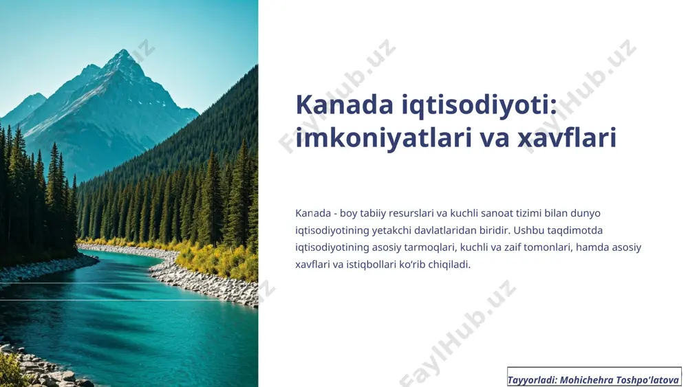 ar o‘sishga turtki beradi. 1 raqamli transformatsiya sanoat va xizmatlarda innovatsiyalar yuksalishi. 2 global integratsiya jahon bozorlarida faol ishtirok etish imkoniyati. 3 tayyorladi: mohichehra toshpo'latova * kuchli tomonlarni rivojlantirish innovatsiyalar va barqarorlik strategiyalari ustuvor. xavflarga tayyor turish risksiz iqtisodiyotni ta’minlash uchun diversifikatsiya zarur. kelajak istiqbollari yashil va raqamli iqtisodiyotda o‘sish imkoniyatlari mavjud. tayyorladi: mohichehra toshpo'latova xulosa *