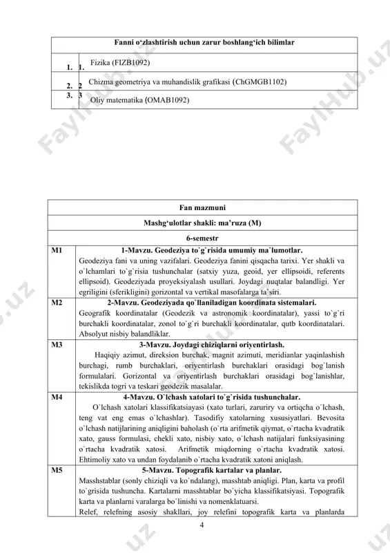 teodolitlarni tekshirish va sozlash. gorizontal va vertikal burchak o`lchash teodolit tiplari. teodolitlarni aniqlikjihatdan klassifikatsiyasi. optik va elektron teodolitlarning (taxeometrlarni) tuzilishi, ularni tekshirish va sozlash. gorizontal burchak o`lchash usullari: priyomlar va priyom usullari, burchakni noldan o`lchash. yo`nalish magnit azimutini olchash. vertikal burchak o`lchash. vertikal doiraning nol o`rnini aniqlash m8 8-mavzu. joyda masofani o`lchash. joyda nuqtlar o`rnini belgilash va chiziq otkazish. masofani o`lchash usullari (bevosita va bavosita). masofani bevosita o`lchash asboblari va ularnitekshirish. bevosita o`lchangan masofaga kiritiladigan tuzatmalar (komporirlash va joy qiyaligi, temperatura o`zgarishiga). joyda o`lchangan masofani gorizontal proyeksiyaisini aniqlash. masofani optik dalnomerlar bilan o`lchash prinsipi, ipli dalnomer. masofa o`lchash aniqliklari. svetodalnomerlar va radiodalnomerlar. bavosita masofa o`lchash. paralaktik usulda masofa o`lchash. lazer ruletkalari. m9 9-mavzu. nivelirlash usullari. nivelirlash. nivelirlash usullari: geometrik, triganometrik, gidrostatik, barometrik, mexanik va h.k. to`g`risida umumiy tushunchalar. geometrik nivelirlash mohiyati. oldinga, o`rtadan va ketma-ket (murakkab) nivelirlash. asbob gorizonti, asbob gorizontini aniqlash. nivelirning klassifikatsiyasi. silindirik adilakli, kompensatorli va elelktron nivelirlarni …