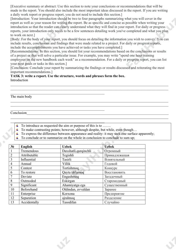 . 3. structure your report when writing a report, you should structure it so that it can be easily read and digested. while each report will vary in the sections you should include, you can use the following report components as a guide when writing your report: 1. title or title page 2. executive summary/abstract that briefly describes the content of your report 3. table of contents (if the report is more than a few pages) 4. an introduction describing your purpose in writing the report 5. a body paragraph where you include the information you are conveying with the report 6. conclusion or recommendation depending on the purpose of the report 4. use concise and professional language you should strive to use clear and concise language when writing your report. try to get the point across as clearly and quickly as possible and use simple yet professional language. avoid …