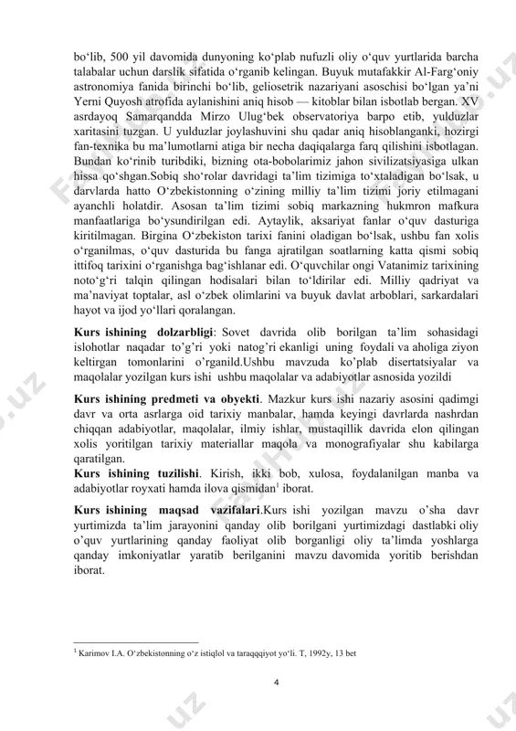molar yetishib chiqqan. xusasan, xorazm ma’mun akademiyasi ham shu davrdagi yirik tadqiqot markazlaridan biri hisoblangan. algebra fani bobakalonimiz muhammad al-xorazmiy nomi bilan atalganligi, bu azal-azaldan bizning qonimizda yaratuvchanlik, o‘qishga bo‘lgan qiziqishdan dalolatdir. bundan tashqari, yana bir buyuk ajdodimiz abu ali ibn sinoning “tib qonunlari” asari yevropada “injil” kitobidan keyin eng ko‘p nashr etilgan kitoblardan biri bo‘lib, 500 yil davomida dunyoning ko‘plab nufuzli oliy o‘quv yurtlarida barcha talabalar uchun darslik sifatida o‘rganib kelingan. buyuk mutafakkir al-farg‘oniy astronomiya fanida birinchi bo‘lib, geliosetrik nazariyani asoschisi bo‘lgan ya’ni yerni quyosh atrofida aylanishini aniq hisob — kitoblar bilan isbotlab bergan. xv asrdayoq samarqandda mirzo ulug‘bek observatoriya barpo etib, yulduzlar xaritasini tuzgan. u yulduzlar joylashuvini shu qadar aniq hisoblanganki, hozirgi fan-texnika bu ma’lumotlarni atiga bir necha daqiqalarga farq qilishini isbotlagan. bundan ko‘rinib turibdiki, bizning ota-bobolarimiz jahon sivilizatsiyasiga ulkan hissa qo‘shgan.sobiq sho‘rolar davridagi ta’lim tizimiga to‘xtaladigan bo‘lsak, u darvlarda hatto o‘zbekistonning o‘zining milliy ta’lim tizimi joriy etilmagani …