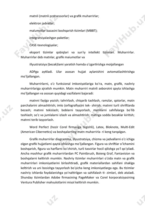 rini almashtirish; imlo (orfografiya)ni tek- shirish; matnni turli shriftlarda bezash; matnni tekislash; boblarni tayyorlash, matnlarni sahifalarga bo‘lib tashlash; so‘z va jumlalarni izlash va almashtirish; matnga sodda bezaklar kiritish; matnni terib tayyorlash. word perfect (hozir corel firmasiga tegishli), latex, bloknote, multi-edit (american cibernetics) va boshqalarning matn muharrirla- ri keng tarqalgan. grafik muharrirlar diagramma, illyustratsiya, chizma va jadvallarni o‘z ichiga olgan grafik hujjatlami qayta ishlashga mo‘ljallangan. figura va shriftlar o‘lchamini boshqarish, figura va harflarni ko‘chirish, turli tasvirlar hocil qilishga yo‘l qo‘yiladi. ancha mashhur grafik muharrirlardan pc paintbrush, boieng graf, fantavision va boshqalarni keltirish mumkin. nashriy tizimlar muharrirlari o‘zida matn va grafik muharrirlari imkoniyatlarini birlashtiradi, grafik materiallardan sahifani shaklga keltirish va uni bosishga tayyorlash bo‘yicha keng imkoniyatlarga ega. bu tizimlar nashriy ishlarda foydalanishga yo‘naltirilgan va sahifalash ti- zimlari, deb ataladi. shunday tizimlardan adobe firmasining pagemaker va corel korporatsiyasining ventura publisher mahsulotlarini misol keltirish mumkin. elektron jadvallar. elektron jadvallar deb jadvallarni qayta ishlashga mo‘ljallangan …