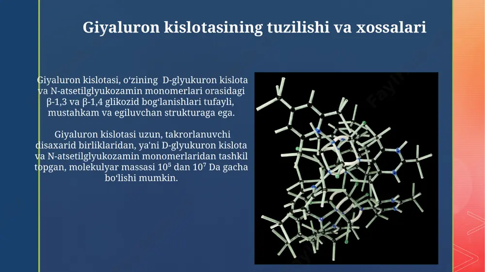 olekulalaridan tashkil topgan uzun zanjirli polimerlardir. geteropolisaxaridlar esa ikki yoki undan ortiq turdagi monosaxarid qoldiqlaridan, masalan, glyukoza va galaktoza yoki mannoza kabi, murakkab tuzilmalarni hosil qiladi. glikozid bog'lanishlari glikozid bog'lanishlarning mustahkamligi, monosaxarid birliklarining turiga va bog'lanishning turi (α yoki β) va pozitsiyasiga (masalan, 1→4, 1→6) bog'liq bo'lib, bu polisaxaridlarning gidrolizga chidamliligini belgilaydi. glikozid bog'lanishining hosil bo'lish jarayoni suv molekulasining chiqishi bilan birga keladi va bu reaktsiya gidroliz orqali teskari yo'nalishda ham sodir bo'lishi mumkin. kondroitin sulfatining tuzilishi va xossalari kondroitin sulfatining asosiy tarkibiy qismi glikozaminoglikan bo'lib, u disaxarid birliklaridan, ya'ni n-atsetilgalaktozamin va d-glyukuron kislotasidan takrorlanuvchi ketma-ketlikda tashkil topgan. kondroitin sulfat molekulasida sulfat guruhlarining joylashishi uning turli xil izomerlarini (a, b, c) hosil qiladi va bu ularning fizik-kimyoviy xossalariga ta'sir qiladi, masalan, suvda eruvchanligi. e'tiboringiz uchun rahmat @taqdimot_robot image4.jpg image5.jpg image6.jpg image7.jpg image8.jpg image9.jpg image10.jpg image11.jpg image12.jpg image13.jpg image14.jpg image15.jpg image16.jpg image17.jpg image18.jpg image19.jpg image20.jpg image2.png image3.png