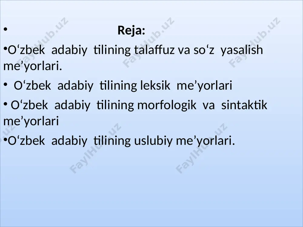 ma shakliga taqlid qilib aytish-(moskva to‘g‘ri aytilishi maskva) so‘zlarni o‘zbekcha aksent bilan talaffuz etish (angiliya) shevaga xos talaffuz (yo‘l-jo‘l) talaffuz me’yorlarini egallashda orfoepik lug‘atlarning ahamiyati katta. aksentologik (urg‘uning to‘g‘riligi) me’yorlar. bunda so‘z va gaplarda urg‘uni to‘g‘ri qo‘llash me’yori tushuniladi. urg‘uni to‘g‘ri ishlatmaslik so‘z ma’nosiga ta’sir qiladi: olma-meva, olma-buyruq fe’li. grammatik me’yor: turlovchi va tuslovchi shakllarning eng maqbul variantlari hozirgi tilimizda tanlab olingan va ular nutqda barqaror shaklda ishlatiladi. ammo kelishik qo‘shimchalarini noto‘g‘ri qo‘llash uchraydi. ba’zan –ning o‘rnida –ni, -lar o‘rnida –la ishlatiladi. direktorni xonasida ko‘rdim. (direktorni o‘z xonasida ko‘rmoq). direktorning xonasida ko‘rdim. (boshqa birovni direktor xonasida ko‘rmoq). so‘z yasalish me’yorlari: so‘z yasovchi qo‘shimchalarning fonetik tuzilishi jihatidan bir qolipda ishlatilishi so‘z yasalish me’yori hisoblanadi. ba’zan nuqtda sifat yasovchi -li va ot yasovchi -lik qo‘shimchalari farqlanmay ishlatiladi. paxtali chopon o‘rnida paxtalik chopon. imloviy me’yorlar (orfografik).hozirgi o‘zbek adabiy tilining me’yorlari 1956-yil “o‘zbek orfografiyasining asosiy qoidalari” ga tayanadi. 72 paragrafdan iborat. 1995-yil yangi lotin …