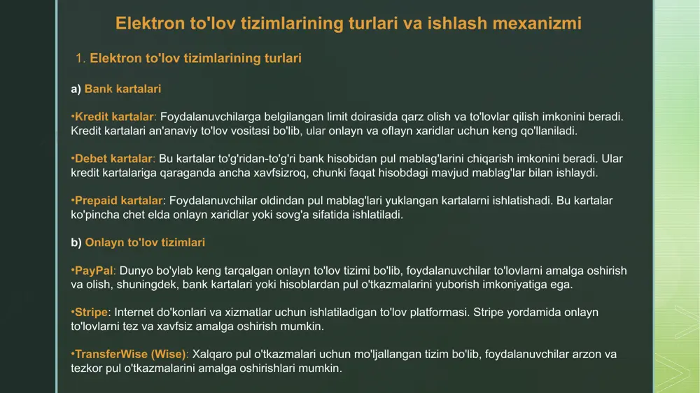 odatda foydalanuvchiga to'lovning amalga oshirilganligini tasdiqlovchi elektron pochta yoki sms yuboradi. f) pul o'tkazmalarining amalga oshirilishi foydalanuvchidan to'lov olish uchun, tizim bank orqali pul o'tkazmalarini amalga oshiradi. bu jarayon bir necha soniyadan bir necha daqiqagacha davom etishi mumkin, moliyaviy institutlarning ishlash tezligiga qarab. iii. elektron to'lov tizimlarining rivoji va kelajagi elektron to'lov tizimlari so'nggi yillarda texnologik yutuqlar, yangi ehtiyojlar va global raqobat tufayli jadal rivojlandi. ularning asosiy rivojlanish tendensiyalarini ko'rib chiqamiz: a) mobil to'lovlarning kengayishi mobil qurilmalarning keng tarqalishi va nfc (near field communication) texnologiyasining rivojlanishi bilan mobil to'lov tizimlari ommalashdi. apple pay, google pay, samsung pay kabi tizimlar nafaqat individual foydalanuvchilar, balki bizneslar uchun ham qulay va tezkor to'lovlar amalga oshirish imkoniyatlarini yaratdi. keng tarqalgan xususiyatlar: mobil to'lov tizimlari internet bank ishlashini, karta to'lovlarini va boshqa onlayn to'lovlarni o'z ichiga oladi. ushbu tizimlar foydalanuvchilarga onlayn va oflayn xaridlar uchun yagona platforma taqdim etadi. iot (internet of things) integratsiyasi: mobil …