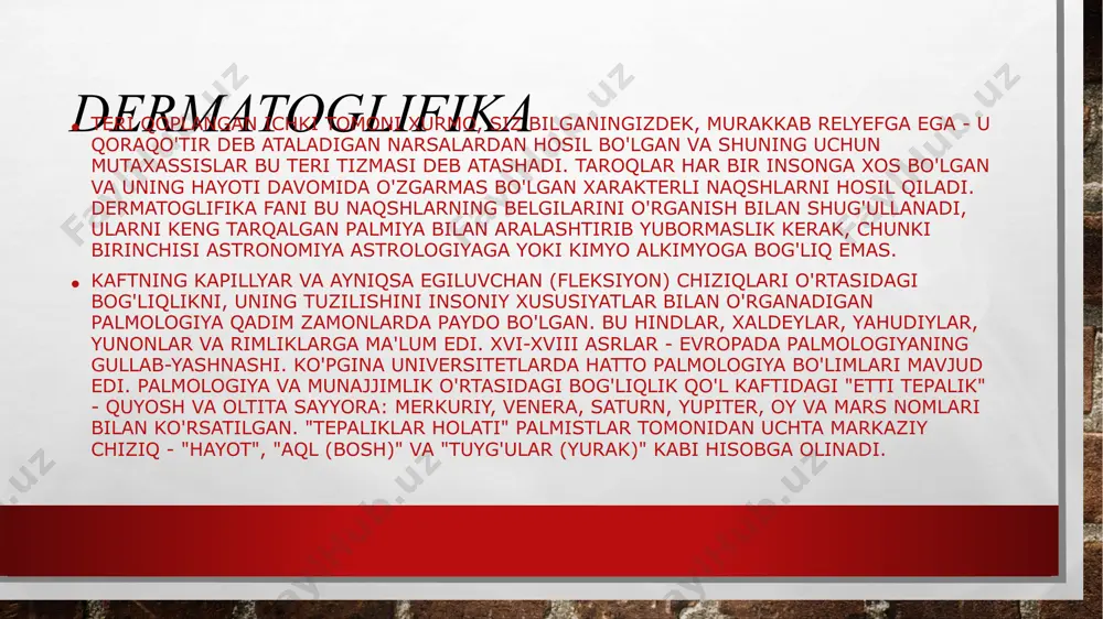 ga xos xususiyatlaridan kelib chiqqan holda, ijtimoiy moslashish va amalga oshirish bilan bog'liq muammolarga duch kelishadi. bunga misol manyak andrey chikatilo. unda bir nechta noyob naqshlar bor edi: chap qo'lning bosh barmog'ida jingalak kesilgan daraxtning o'sish halqalariga o'xshardi, o'ng qo'lning bosh barmog'ida esa olov tillariga o'xshash ilmoqlar ko'rinardi. ko'pgina ijodkorlarning bir nechta jingalaklari bor edi: mayakovskiy uchun 3 ta, mandelstam uchun 4 ta, eynshteyn uchun 7 ta. xitoyliklarning maqollari bor: "1 dona jingalak - qashshoqlik, 2 - boylik, 3 yoki 4 - lombard ochish, 5 - komissioner bo'lish, 6 - o'g'ri, 7 - baxtsizlikni kutish, 9 ta jingalak va 1 ilmoq - a. keksalikka qadar etarli oziq-ovqat mavjud bo'lgan qulay hayot e’tiboringiz uchun raxmat image3.jpg image4.png image5.png image6.png image7.png image8.png image9.jpeg image10.jpeg /docprops/thumbnail.jpeg