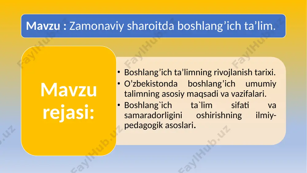 uv yilidan rus maktablarida, 1970/71 oʻquv yilidan oʻzbek maktablarida 3 yillik boshlangʻich taʼlimga oʻtildi. shu yillardan boshlab boshlangʻich maktab ning mavqei va ahamiyati tubdan oʻzgardi; umumiy taʼlimning mustaqil, tugal bosqichi degan xususiyatini yoʻqotib, fan asoslarini izchil oʻrganishga tayyorlanish bosqichi boʻlib qoldi. 1991/92 oʻquv yilidan oʻzbekiston respublikasida boshlangʻich maktablarda yana 4 ylik boshlangʻich taʼlimga oʻtildi. "taʼlim toʻgʻrisida"gi qonunda boshlangʻich maktab taʼlimining yangi mazmuni belgilandi. 2000/2001 oʻquv yili boshida oʻzbekistonda 207 boshlangʻich maktab boʻlib, ularda 30684 oʻquvchi taʼlim oldi. o’zbekiston respublikasi prezidenti sh. mirziyoyevning 2017-yil 7-fevraldagi "o‘zbekiston respublikasini yanada rivojlantirish bo‘yicha “harakatlar strategiyasi to‘g‘risida"gi farmonida 2017 – 2021-yillarda mamlakatimiz taraqqiyotini yanada jadallashtirishga doir ustuvor vazifalar belgilab berildi. harakatlar strategiyasidagi beshta ustuvor yo'nalishdan to'rtinchisi ijtimoiy sohani rivojlantirishga qaratilgan. aholi farovonligini ta'minlash, bandlik, salomatlikni muhofaza qilish, uy-joy masalalari qatoridan ta'lim-tarbiya tizimini taraqqiy ettirish masalasi ham o‘rin olgan. farmonga binoan ta'lim va ilm-fan sohasini yanada rivojlantirish borasida kompleks chora-tadbirlar ishlab chiqildi. bunda xalq ta'limi tizimida …