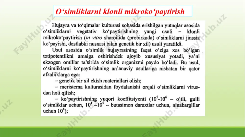 iliyati haqida ma’lumotlar bergan. 1940-yillarda chop etilgan maqolalarda qayrag‘ochning turli to'qimalarining adventiv kurtaklar hosil qilish xususiyati haqida yozilgan. ammo mualliflar nihollarning keyingi o‘sish va shakllanishini amalga oshira olmadilar. faqatgina 1960-yillar o‘rtalarida mates tomonidan tog'terakning birinchi regenerant o‘simligi olinib, tuproqqa ekishgacha yetkazilgan. ninabarglilar to‘qimalarini kulturalash ko‘p vaqtgacha izlanishlar uchun obyekt bo‘lib xizmat qildi. bu o‘simlikdan ajratilgan yuvenil to‘qimalami, undan ham qiyinrog'i katta yoshdagi o'simliklar to‘qimalarini kulturalashning o‘ziga xos qiyinchiligi bilan bog‘liqdir. ma’lumki, daraxtsimon o‘simliklar, ayniqsa, ninabarglilar sekin o'sadi, ildiz otishi qiyin. ular katta miqdorda ikkilamchi metabolit birikmalar (fenollar, terpenlar va boshqa moddalar) tutadi, bu ajratilgan to‘qimalarda turli fenolazalar ta’sirida oksidlanadi. olz navbatida fenoldan oksidlangan mahsulotlar odatda hujayraning bo'linishi va o‘sishini to‘xtatishi orqali birlamchi eksplantlarning nobud bolishiga, yoki daraxtsimon o‘simliklarning advenetiv kurtaklar paydo qilish xususiyatining kamayishi bilan xarakterlanadi. ammo, barcha qiyinchiliklarga qaramay, olimlar ilmiy tadqiqotlar manbai sifatida ko‘pincha daraxtsimon o'simliklami to‘qima va organlaridan foydalanishadi. hozirgi vaqtda 40 ta oilaga kiruvchi 200 ga …