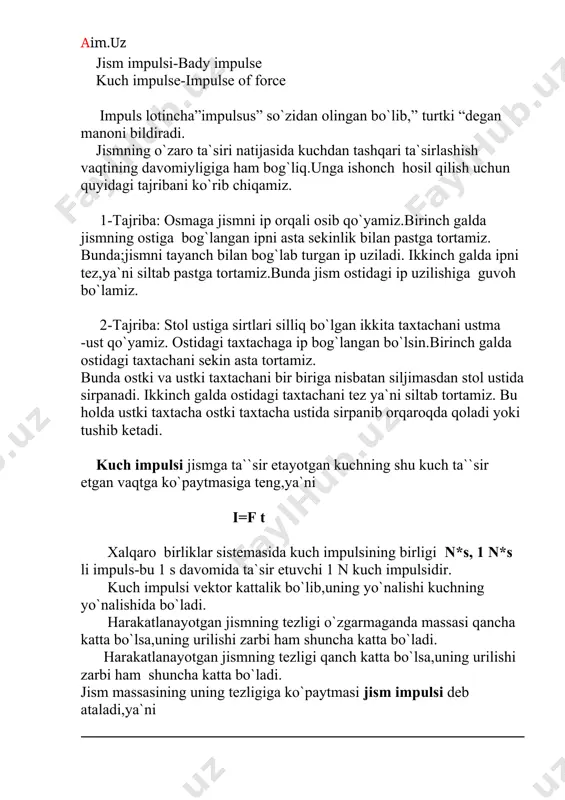 toping. berilgan: formula; g =0,001 kg p1=m1*v m2=100 g =0,1 kg p2=m*v v=10 m/s topish kerak p1=? ,p2=? hisoblash p1=0,001 kg*10m/s=0,1 kg/m*s p 2=0,1*10 m/s=1 kg/m*s 3. massasi 2 kg bo`lgan jism 5 m/s tezlikda kelib devorga urildi.vao`z tezligini butkul yo`qotdi jismning ta`sir kuchi impulsini toping. berilgan; formula; m=2 kg p=m*v v=5 m/s topish kerak p=? hisoblash: p=m*v=2 kg*5m/s=10kg*m/s javob: p= 10 kg*m/s vi.mustahkamlash. 1. qanday fizik kattalik inertlikni harakaterlaydi? a) tezlik; v) tezlanish; s) kuch; d) zichlik; e) massa. 2. massasi 3 kg bo'lgan jism 4 m/s tezlik bilan harakatlanaetganda, uning kinetik energiyasi nimaga teng? a) 6 j b) 12 j c) 48 j d) 24 j e) 2?4 j. 3. 0,4 m/s2 tezlanish bilan harakatlanaetgan avtomobilning tezligi qancha vaqtdan keyin 12 dan 20 m/s qancha ortadi? a) 20 s b) 12 s c) 0,4 s d) 10 s e) 40 s. 4) 2n kuch ta'sirida 42 m ga …