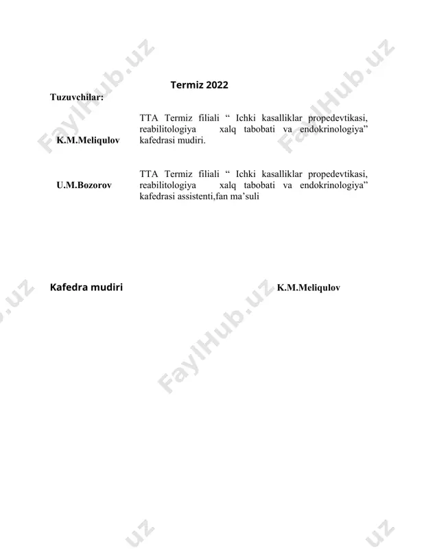 i.etiologiyasi, patogenezi, tashxisi, davolash usullari 2. gipotireoz.etiologiya.patogenez.klinika.tashxislash va davolash. 3. insulinning sutkalik dozasini hisoblash 4. 29 yoshli ayolga homiladorlik davrida 11,2 mmol/l giperglikemiya tashxisi qo'yilgan. homiladorlikdan oldin qon shakarining ko'payishi kuzatilmagan. 1. sizning tashxisingiz qanday?. 3. qondagi glyukozaning me'yoriy miqdori qanday. 4. davolash taktikasi 5. bemor p., 31 yosh,og’iz qurushidan, kuchli tashnalikdan shikoyat qiladi (o'rtada 5 litrga yaqin suyuqlik ichadi. kun), xolsiz. kasallikning boshlanishi virusli infektsiya bilan bog'laydi. tekshiruvda: qonda qand 15 mmol/l, glyukozuriya.+++ 1. klinik tashxisingiz qanday? 2. davolash taktikasi bilet raqami 3. 1.diffuz toksik buqoq. etiologiyasi, patogenezi, tashxisi, davolash usullari 2. peroral qand miqdorini tushiruvchi preparatlar ta’sir mexanizmi 3. glyukozaga tolerantlik testini o‘tkazish texnikasi 4. ayol 40 yoshda. so’nggi 8-9 yil ichida asta-sekin 15-17 kg vazn ortishi qayd etilgan. boshqa shikoyatlar yo’q. tekshiruvda ichki organlarda patologiya aniqlanmagan. qorin, dumba va sonlarda teri-osti yog’ qatlamining to’planishi ortiqcha. bo’yi 169 sm, vazni 89 kg. bel 86 sm. boldir aylanasi 120 …