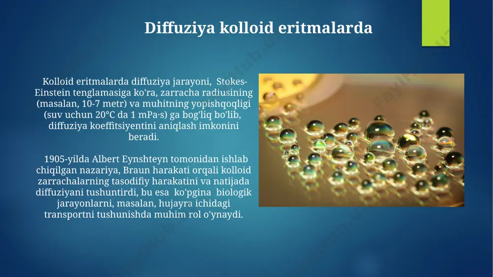 gligi, masalan, suvda 72 mn/m bo'lgan suvning sirt tarangligidan ancha past bo'lishi mumkin, bu esa dispers fazaning o'lchami va turiga bog'liq. kolloid eritmalarning sirt tarangligi, 25°c da o'lchanganida, 10-50 mn/m oralig'ida o'zgarib turadi va bu ko'rsatkich eritmaning tarkibi va konsentratsiyasiga bog'liq. e'tiboringiz uchun rahmat @taqdimot_robot image6.jpg image7.jpg image8.jpg image9.jpg image10.jpg image11.jpg image12.jpg image13.jpg image14.jpg image2.png image3.png image4.png image5.png