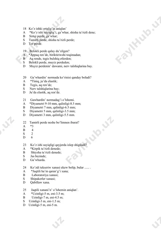 ha boladi? a *uzinligi-3.5 m, eni-1.5 m; b uzinligi-5 m, eni-4.5 m; s uzinligi-3 m, eni-1.5 m; d uzinligi-5 m, eni-5 m. 27 shipaker nawqasti tekseriwden aldin hamshiranin’waziypasi qanday? a *xanani ham tekseriwden aldin kerekli uskenelerdi tayarlaw b nawqasti tekseriw; s nawqasti emlew d xanani tazalaw 28 nawqasti tekseriwge tuwri tayarlaw bul .... . a *tekseriw kewilli o’tiwge ja’rdem beredi; b nawqastin’ kewlin ko’teredi s nawqastin’ keypiyatina ta’sir qilmaydi; d emlew jaqsi o’tedi. 29 tekseriw waqtinda hamshira to’mendegi islerdi a’melge asiradi: .... . a *nawqastin’ jag’dayin ku’zetiw ha’m ruxan qollap-quwatlaw; b nawqasti uyqilatadi; s nawqastin arizlarin aniqlaydi; d nawqastin ozi emleydi. 30 tekseriw waqtinda hamshiyra ku’timi bul ..... . a * nawqasti tayarlaw, ku’tim qiliw, baqlaw; b nawqasti oqitiw; s nawqasqa tazaliqti u’yretiw; d nawqasti uyqilatiw 31 emlenip atirgan nawqaslarga hamshiyraliq isi bul .... . a *nawqasqa qilinatugin medicina ilajlarin alip bariw ; b nawqasti oqitiw; s nawqasqa tazaliqti uyretiw; …
