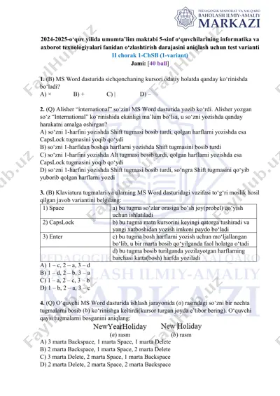 2024-2025-o‘quv yilida umumta’lim maktabi 5-sinf o‘quvchilarining informatika va axborot texnologiyalari fanidan o‘zlashtirish darajasini aniqlash uchun test varianti — DOCX