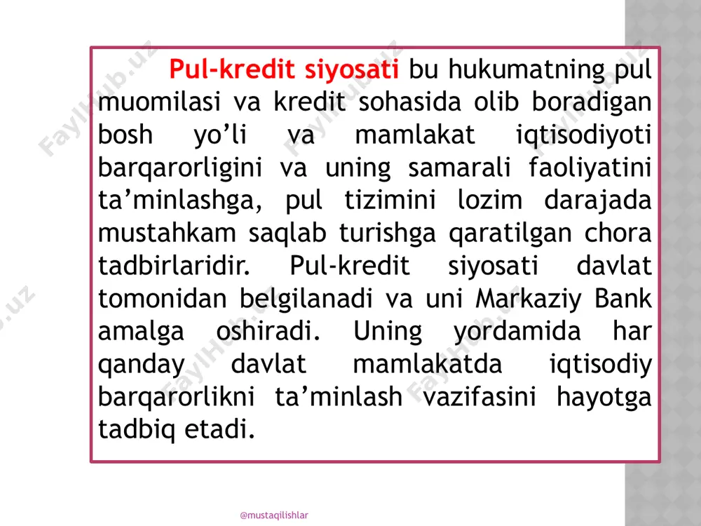 ishlar (2015-yil) 2015 yilda markaziy bank tomonidan pul-kredit siyosati «o'zbekiston respublikasining markaziy banki to'g'risida»gi qonun asosida amalga oshirilib, hukumat tomonidan 2015 yil uchun belgilangan asosiy makroiqtisodiy ko'rsatkichlarning va «monetar siyosatning 2015 yilga mo'ljallangan asosiy yo'nalishlari» da belgilangan vazifalarning bajarilishini ta'minlashga yo'naltirildi. @mustaqilishlar bunda asosiy e'tibor inflyatsiya darajasining belgilangan 5,5-6,5 foizlik maqsadli ko'rsatkichlari doirasida bo'lishini ta'minlash va ayni paytda iqtisodiyotning ko'zda tutilgan o'sish sur'atlari uchun zarur bo'lgan qulay moliyaviy sharoitni yaratishga qaratildi. shu maqsadda markaziy bank tomonidan pul taklifi (pul massasi) va bank tizimi likvidligini maqbul darajada saqlab turish, pul va valyuta bozorida barqarorlikni ta'minlash hamda monetar omillarning inflyatsiyaga ta'sirini oldini olishga qaratilgan tegishli chora-tadbirlar amalga oshirib borildi. @mustaqilishlar monetar siyosatning bozor instrumentlaridan foydalanish tahlili pul-kredit siyosati instrumentlaridan foydalanishda asosiy e'tibor bank tizimida ortiqcha likvidlikni shakllantiruvchi va inflyatsion bosimning oshishiga olib kelishi mumkin bo'lgan omillarga qaratildi. 2015 yilda bank tizimi sof tashqi aktivlari ko'payishi hisobiga shakllangan qo'shimcha likvidlikning inflyatsion bosimga ta'siri …